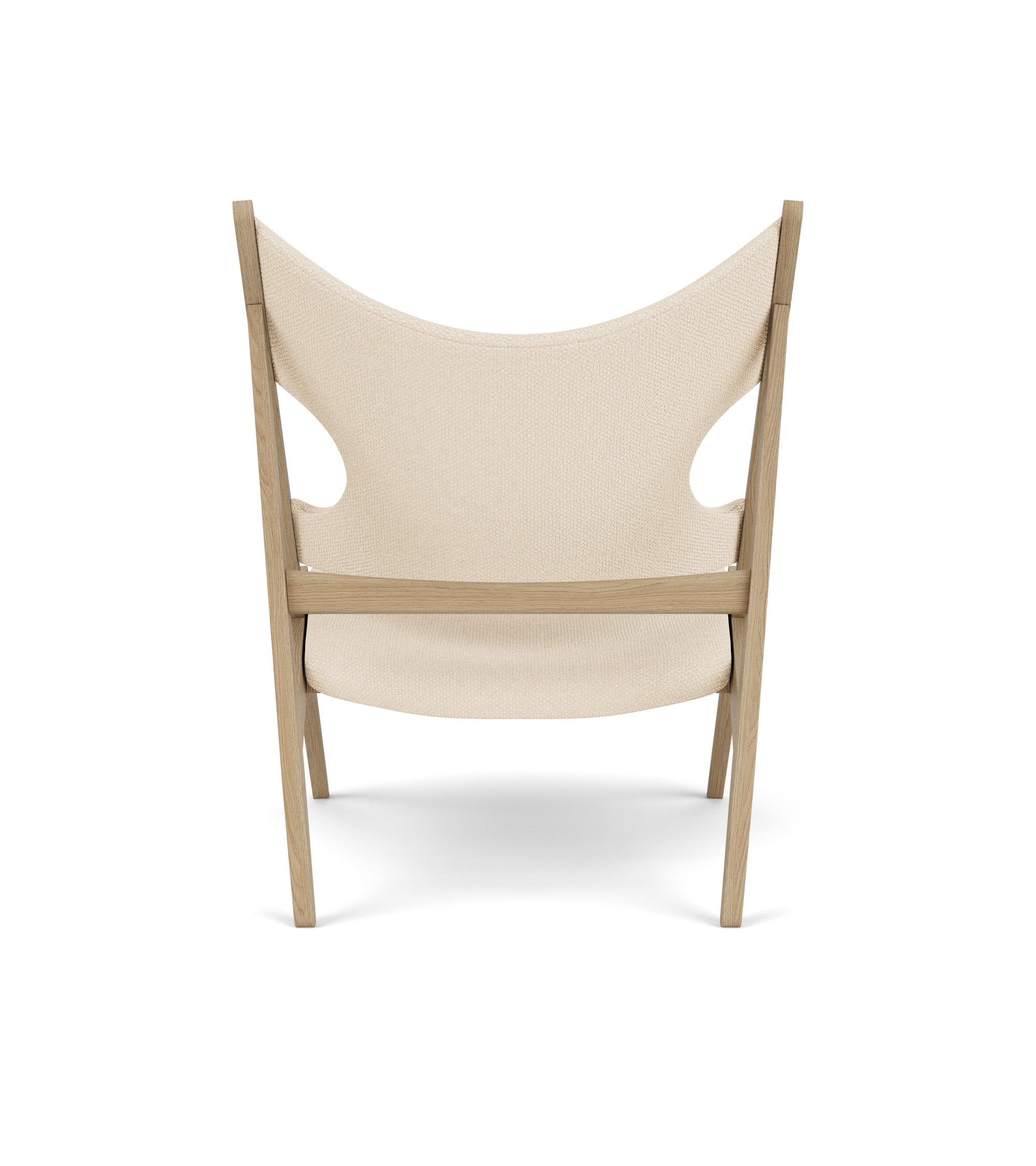 KNITTING cream armchair with oak base