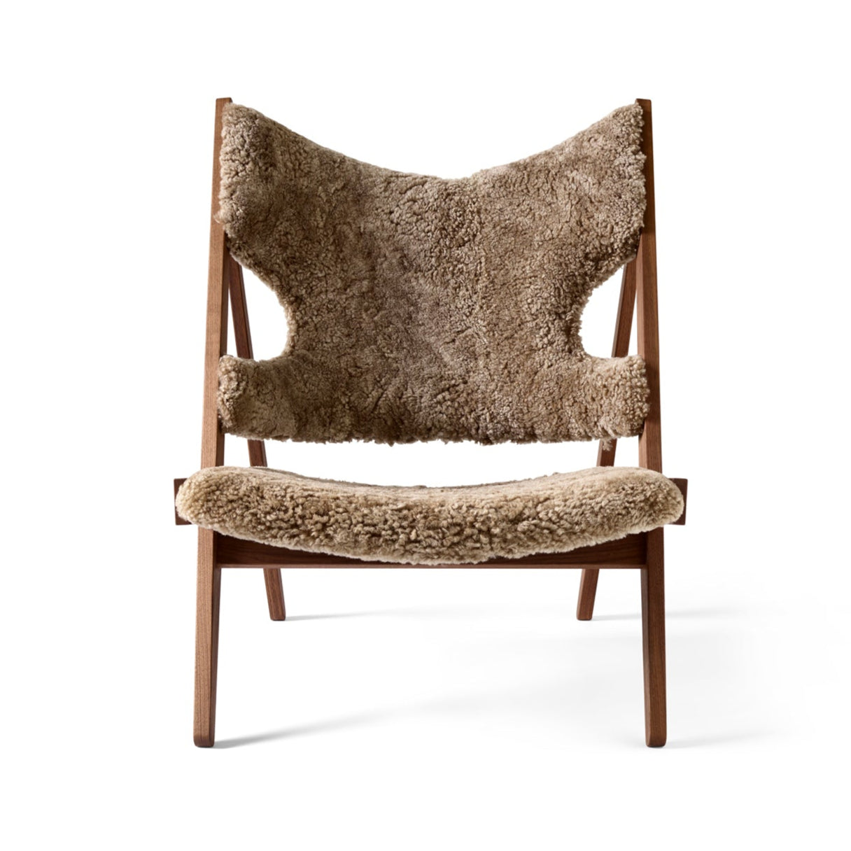 KNITTING armchair brown sheepskin with walnut base