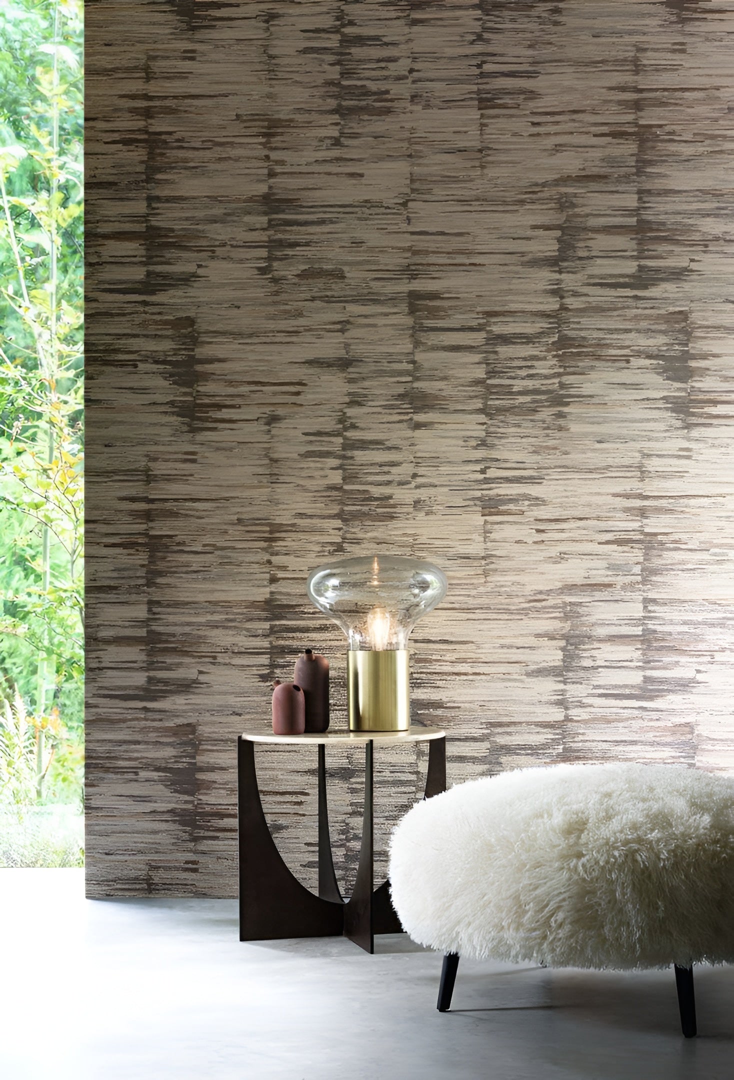 Textured fabric wallpaper in stripes ALCHEMILLA - IVORY/SAND ivory with beige