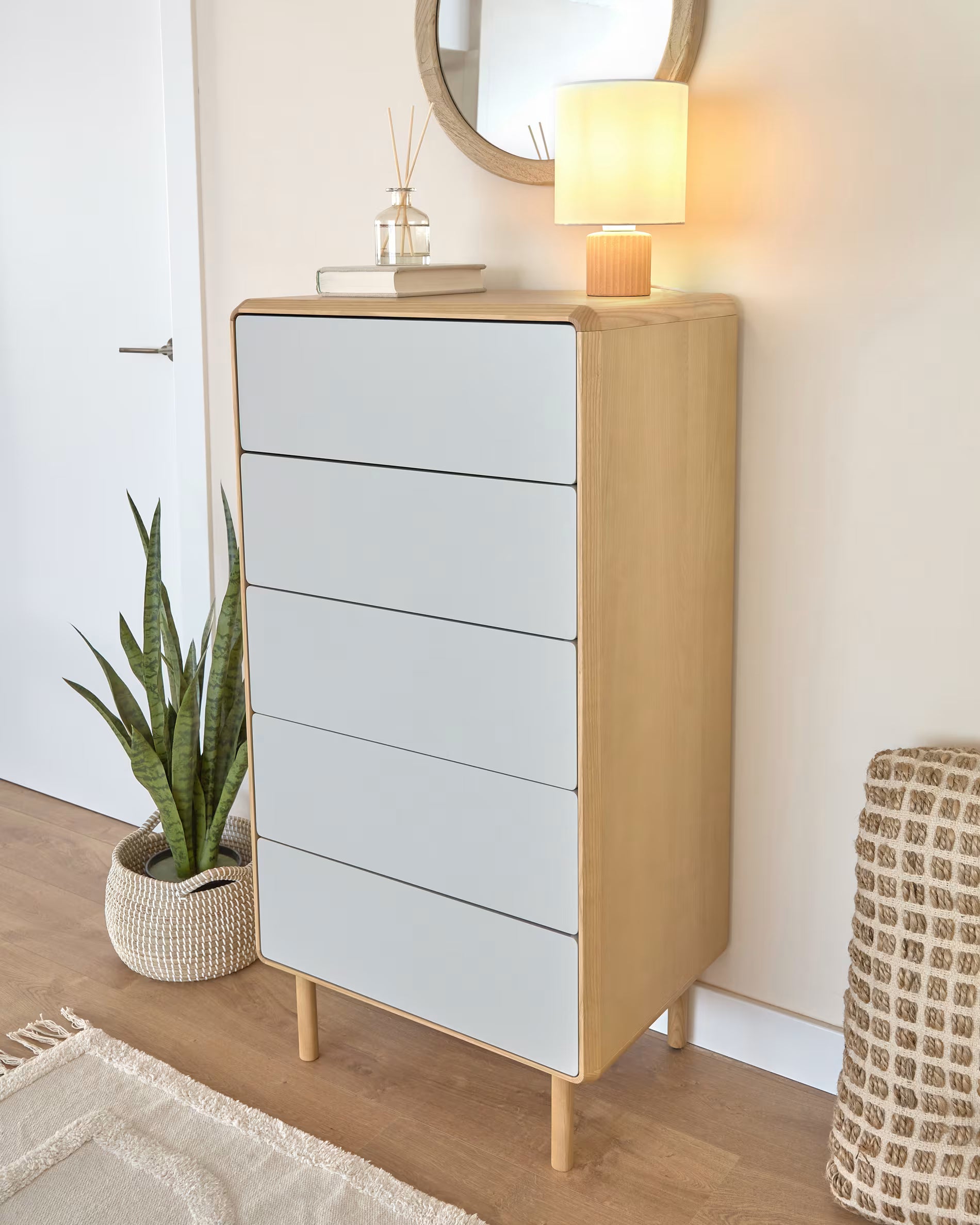 ANIELLE light gray drawer cabinet with wood
