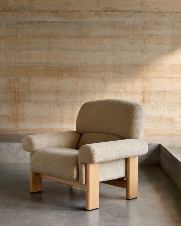 NEMA beige chenille armchair with an ash base