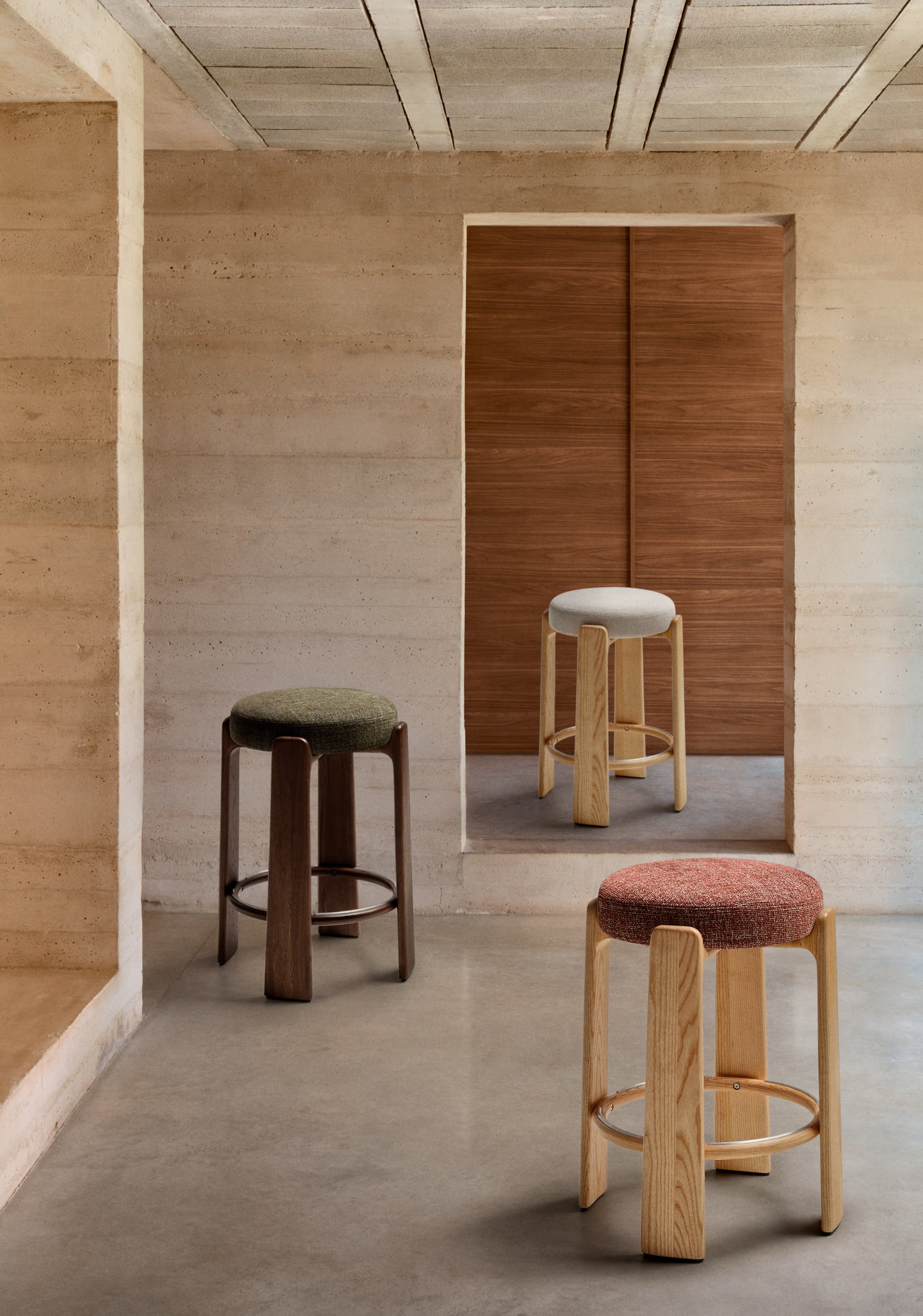GRANITE beige chenille bar stool with a dark ash base