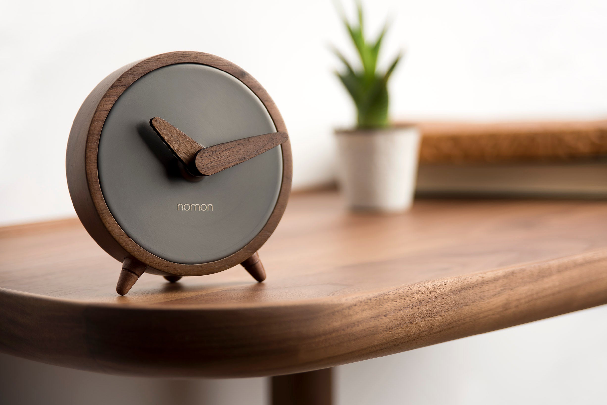 ATOMO table clock walnut wood with graphite finish