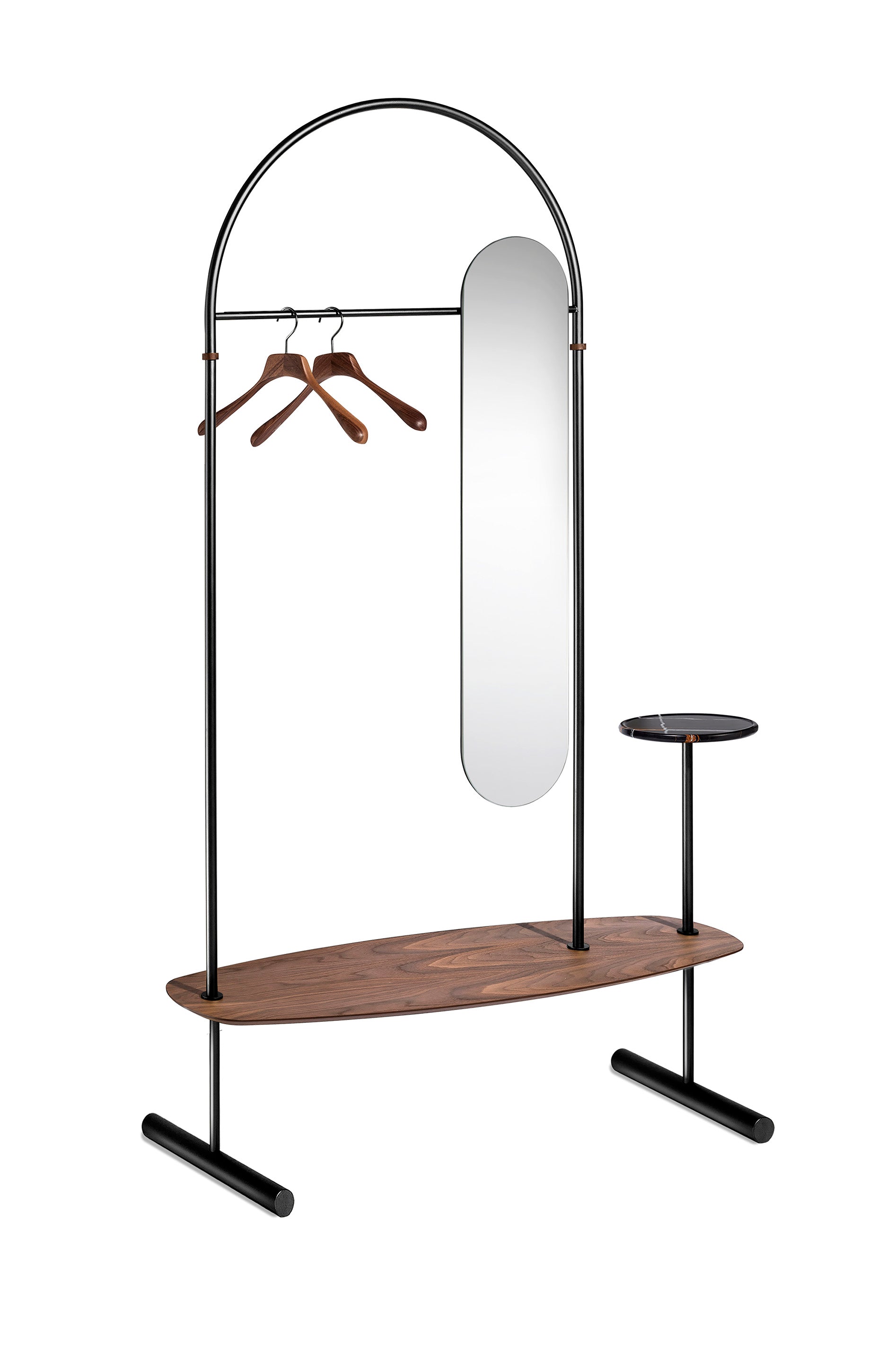 ARCO Coat Rack with Mirror, Walnut Wood with Black Finish