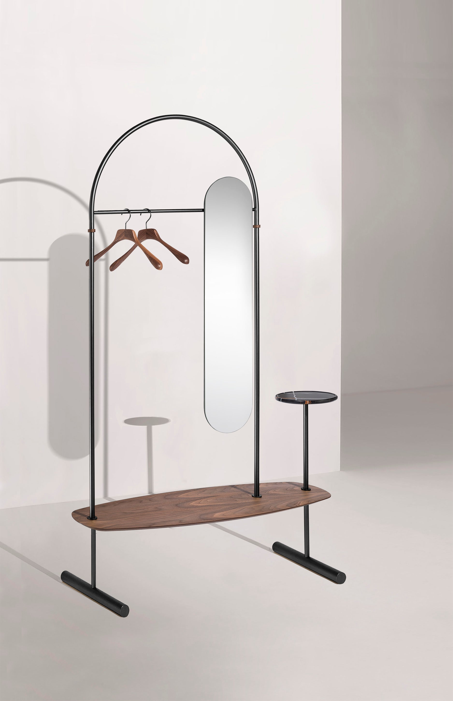 ARCO Coat Rack with Mirror, Walnut Wood with Black Finish