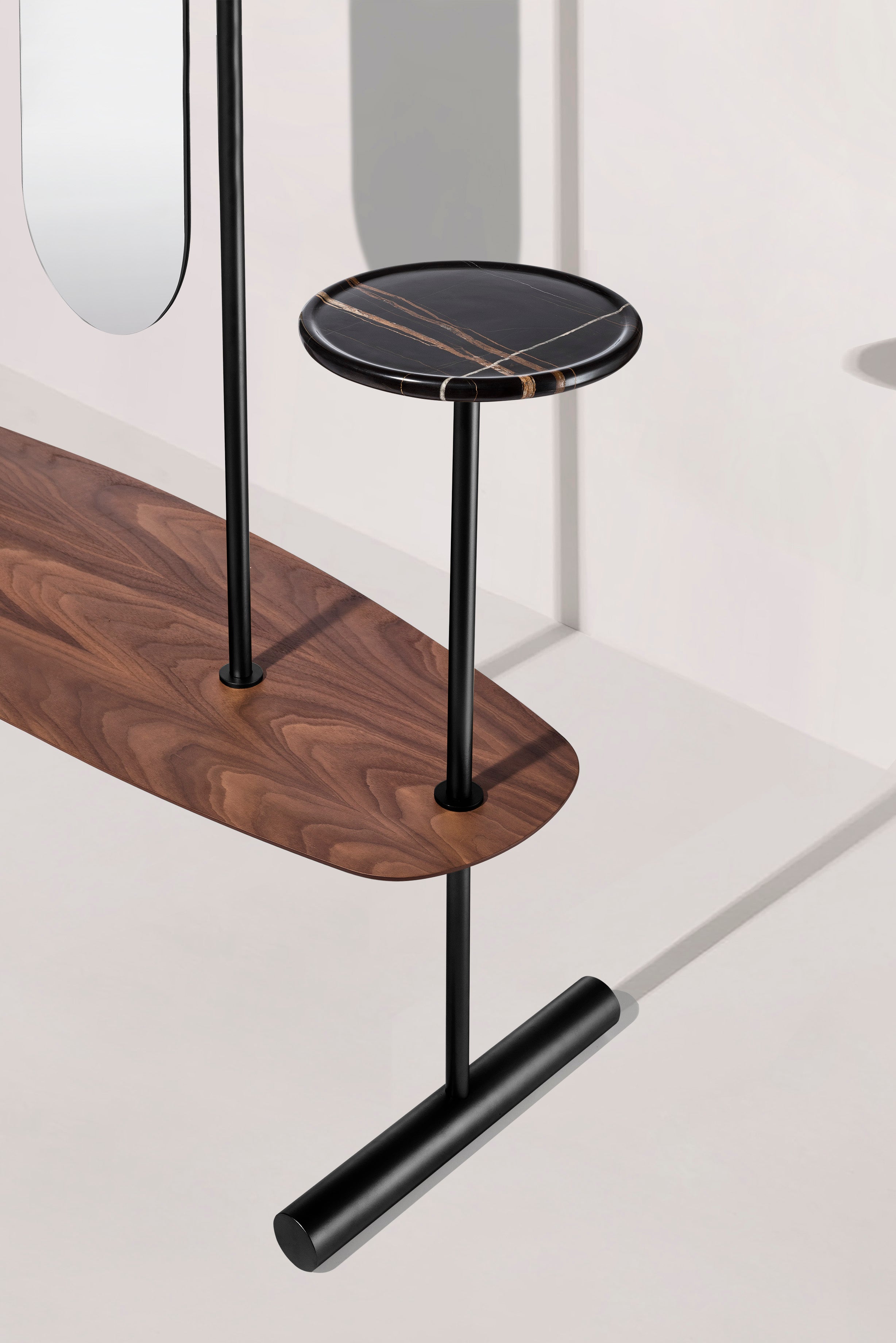 ARCO Coat Rack with Mirror, Walnut Wood with Black Finish