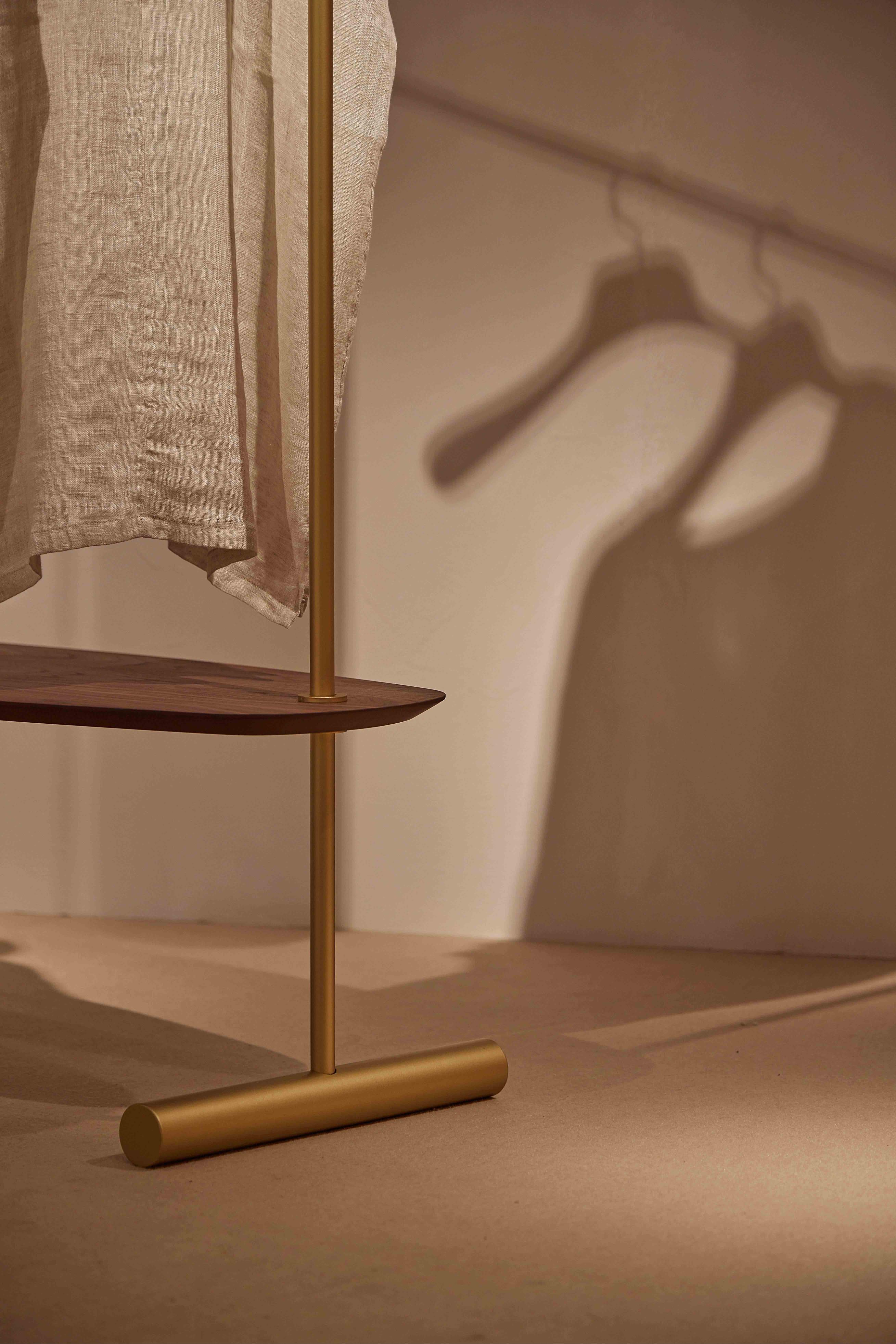 ARCO Coat Rack with Mirror, Walnut Wood with Brass Finish