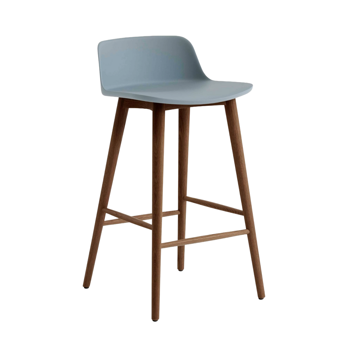 Hocker RELY lichtblauw met een notenhouten basis