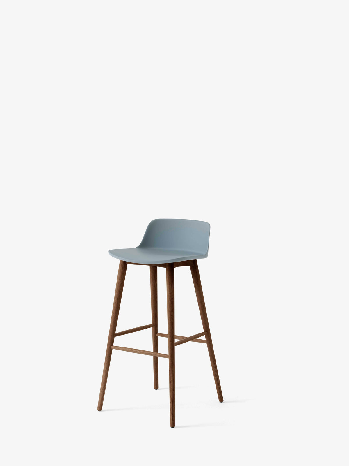 Hocker RELY lichtblauw met een notenhouten basis