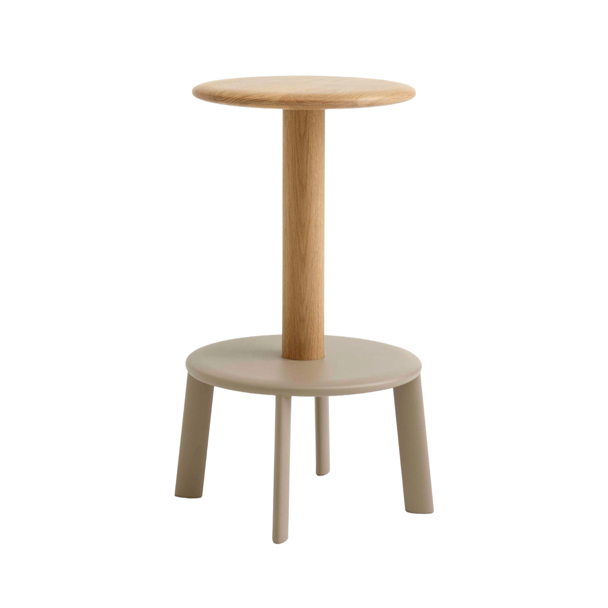 Hocker MASSIF gelakt eiken met een beige stalen basis