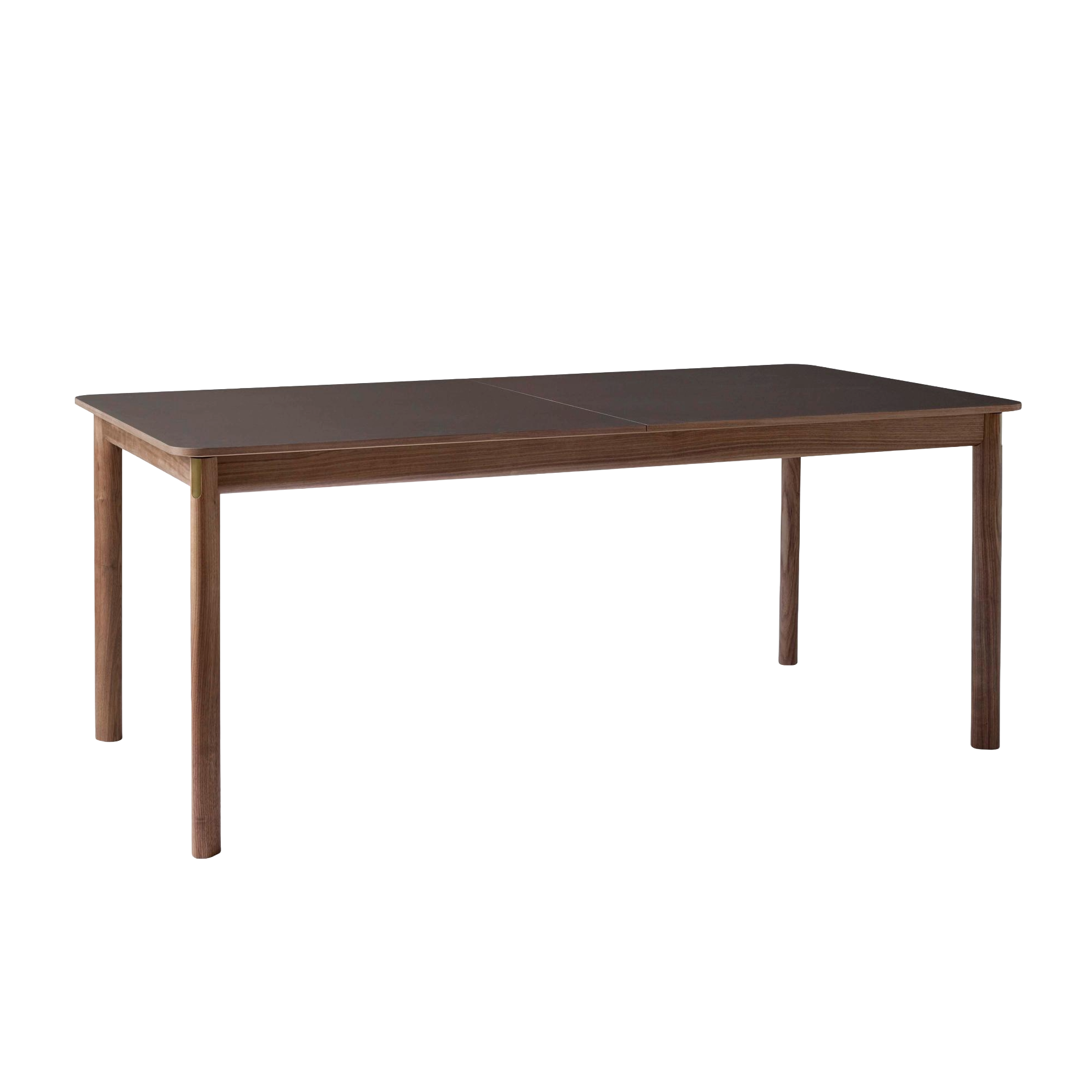 Uitschuifbare tafel PATCH met een bruin laminaatblad en een notenhouten basis