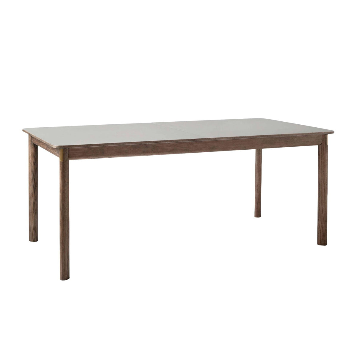 Uitschuifbare PATCH tafel met grijs gelamineerd blad en een basis van gerookt eikenhout