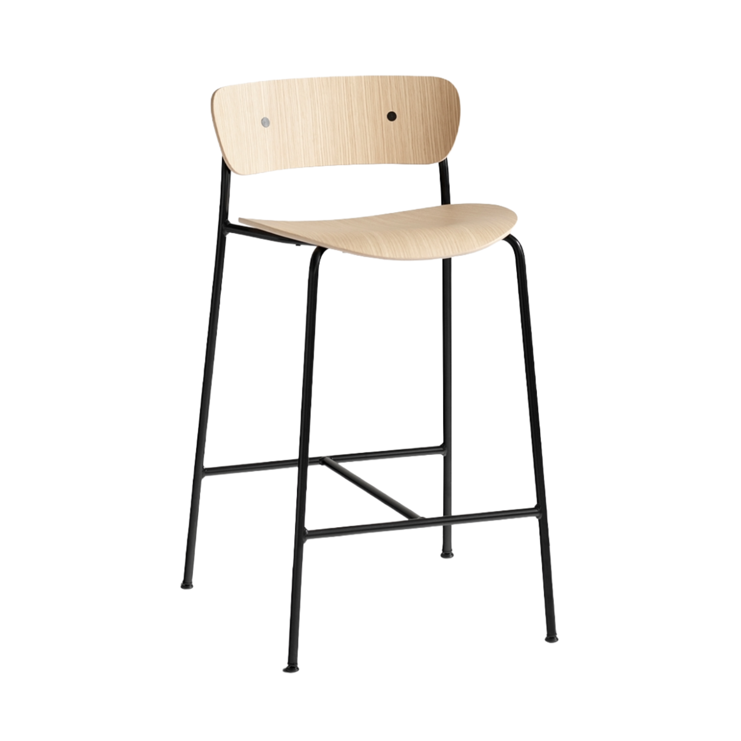 Hocker met rugleuning PAVILION gelakt eiken met een zwarte stalen basis