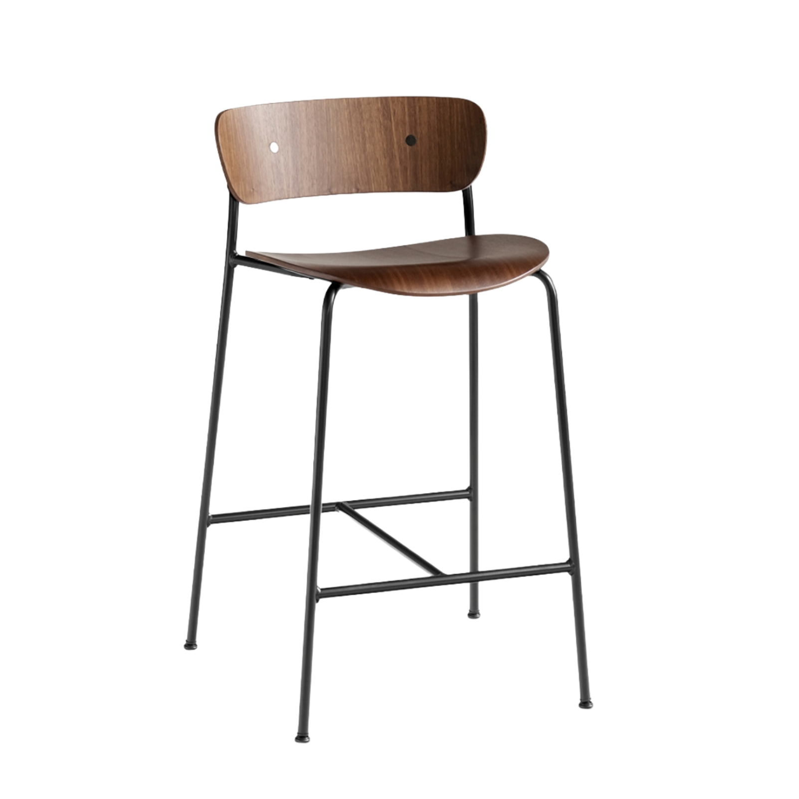 Hocker met rugleuning PAVILION gelakt notenhout met een zwarte stalen basis