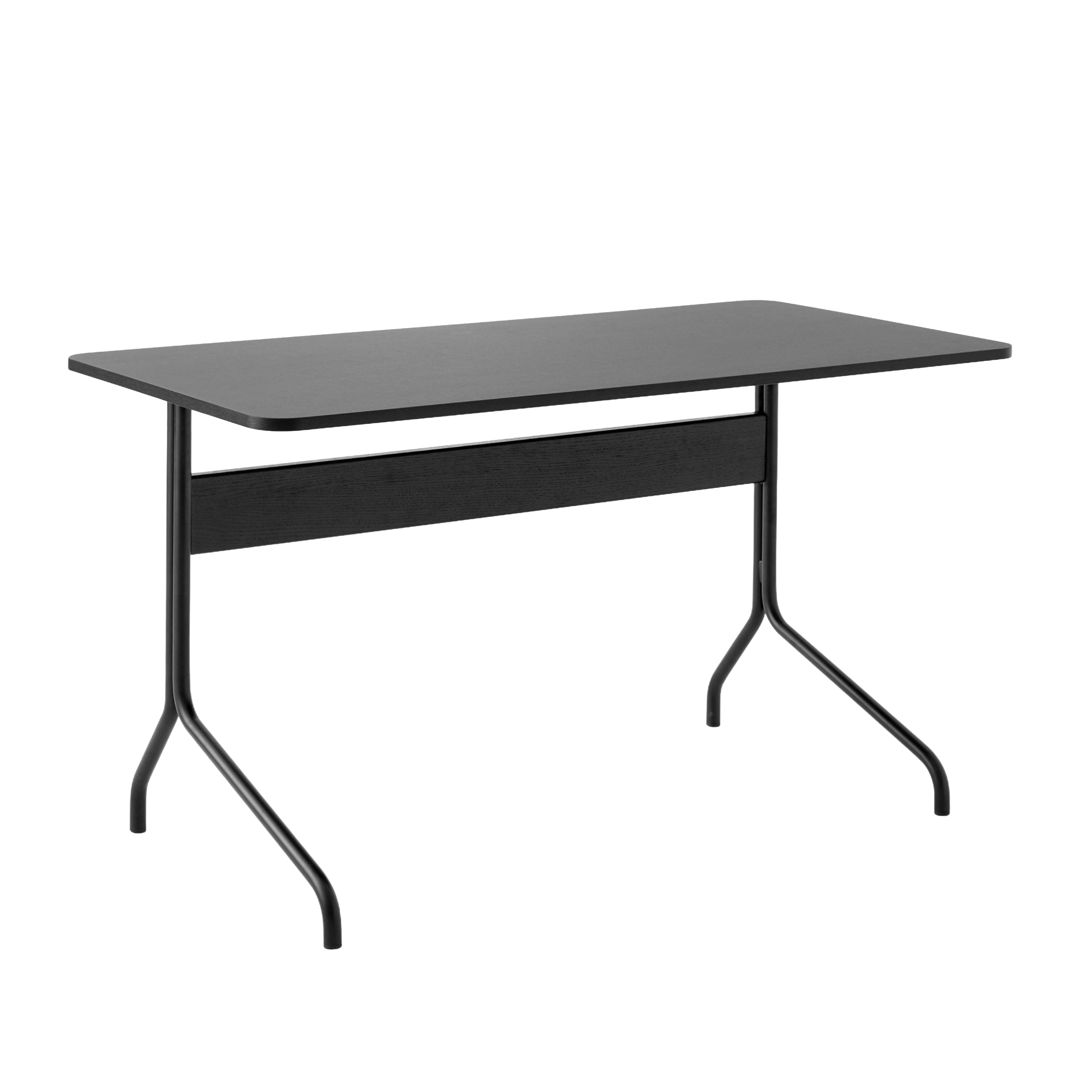 Bureau PAVILION met een zwart linoleumblad, zwart eiken afwerking en een zwarte stalen basis