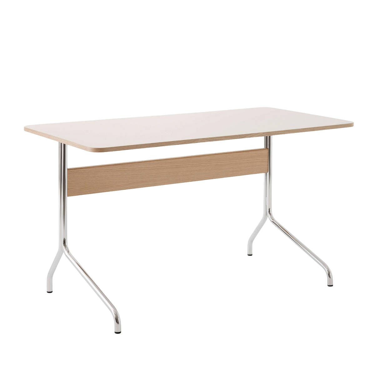 Bureau PAVILION met een beige linoleumblad, eiken afwerking en een stalen basis
