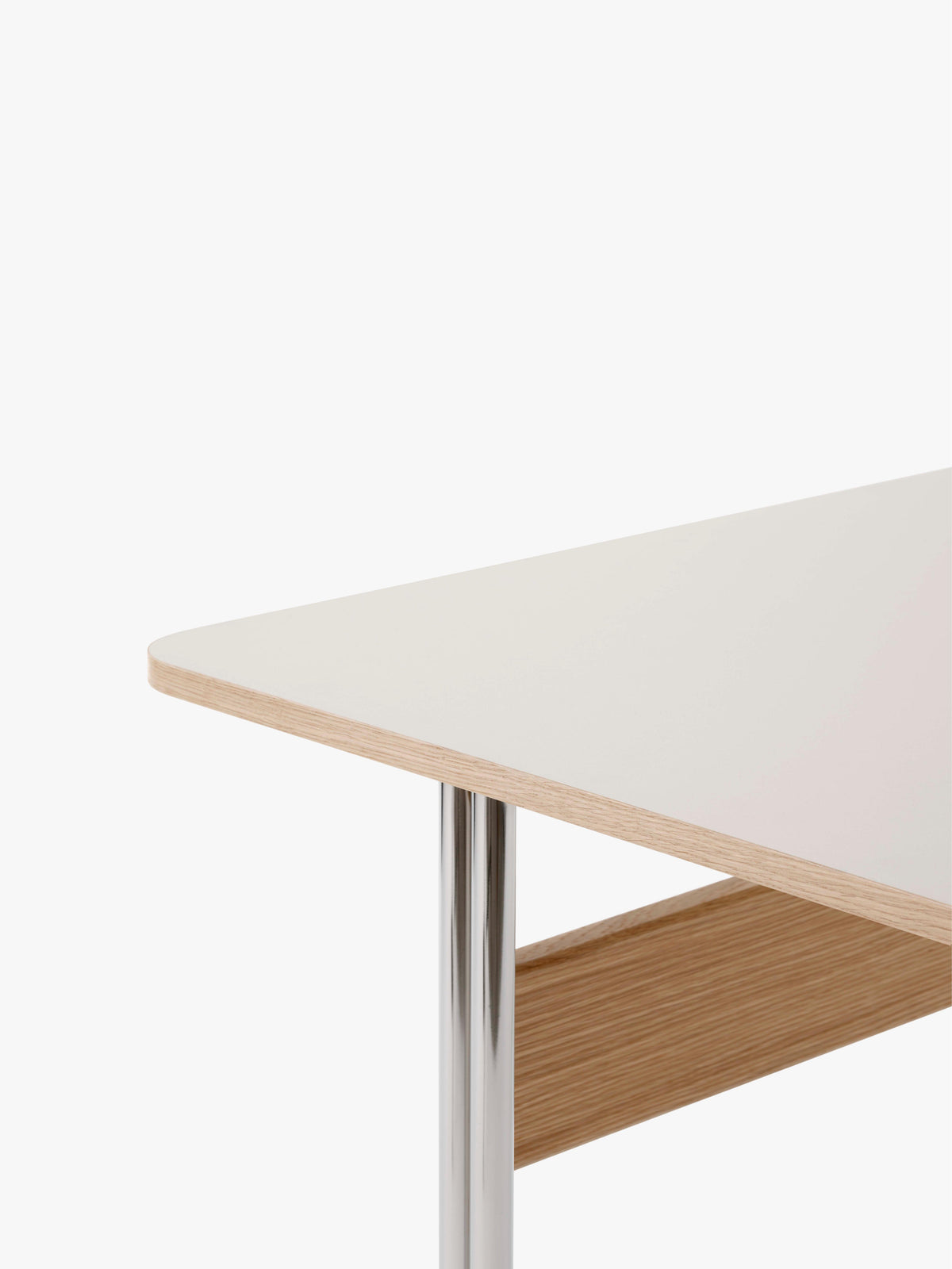 Bureau PAVILION met een beige linoleumblad, eiken afwerking en een stalen basis