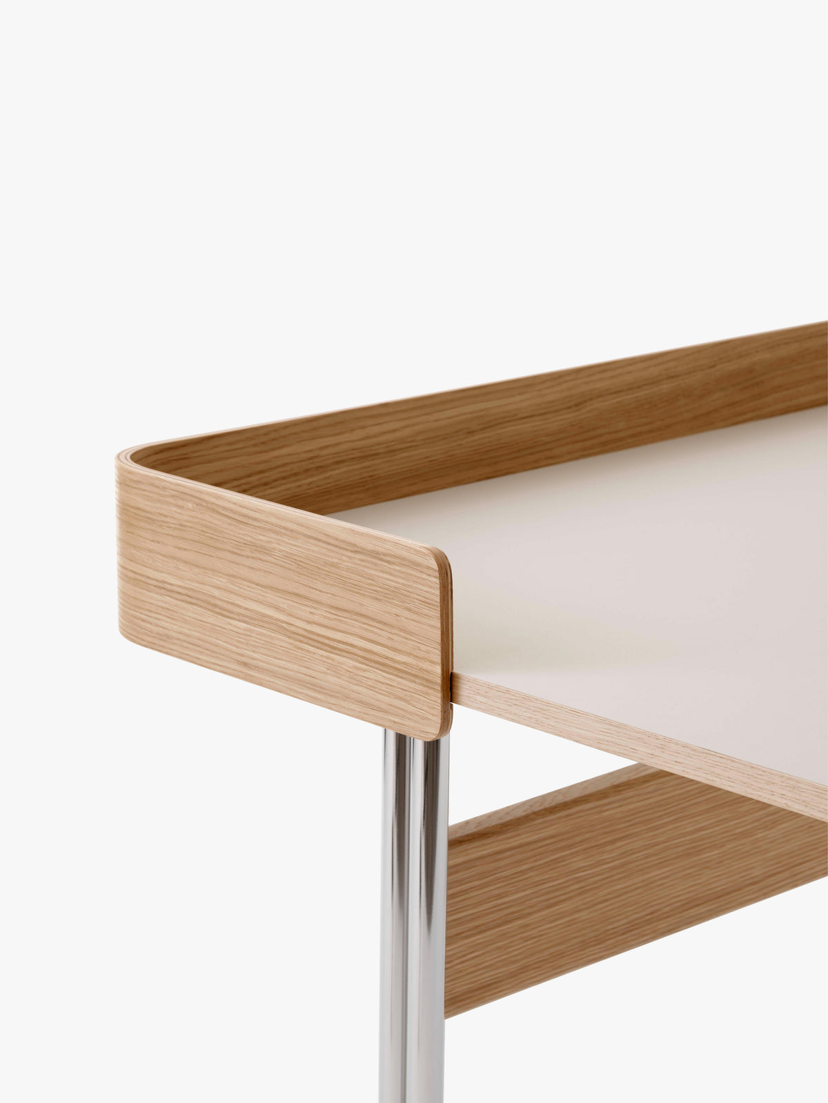 Bureau PAVILION met een beige linoleumblad, eiken afwerking en een stalen basis
