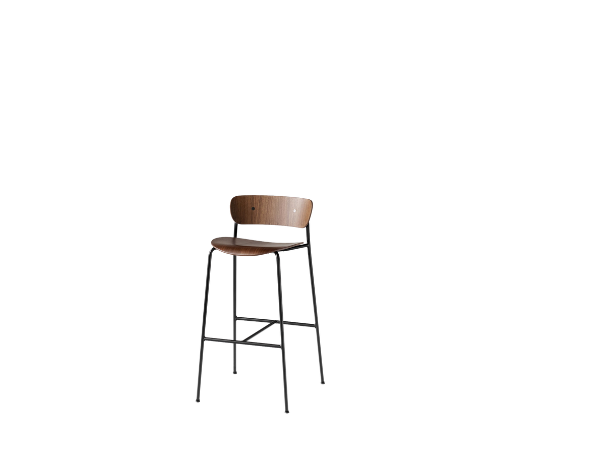 Hocker met rugleuning PAVILION gelakt notenhout met een zwarte stalen basis