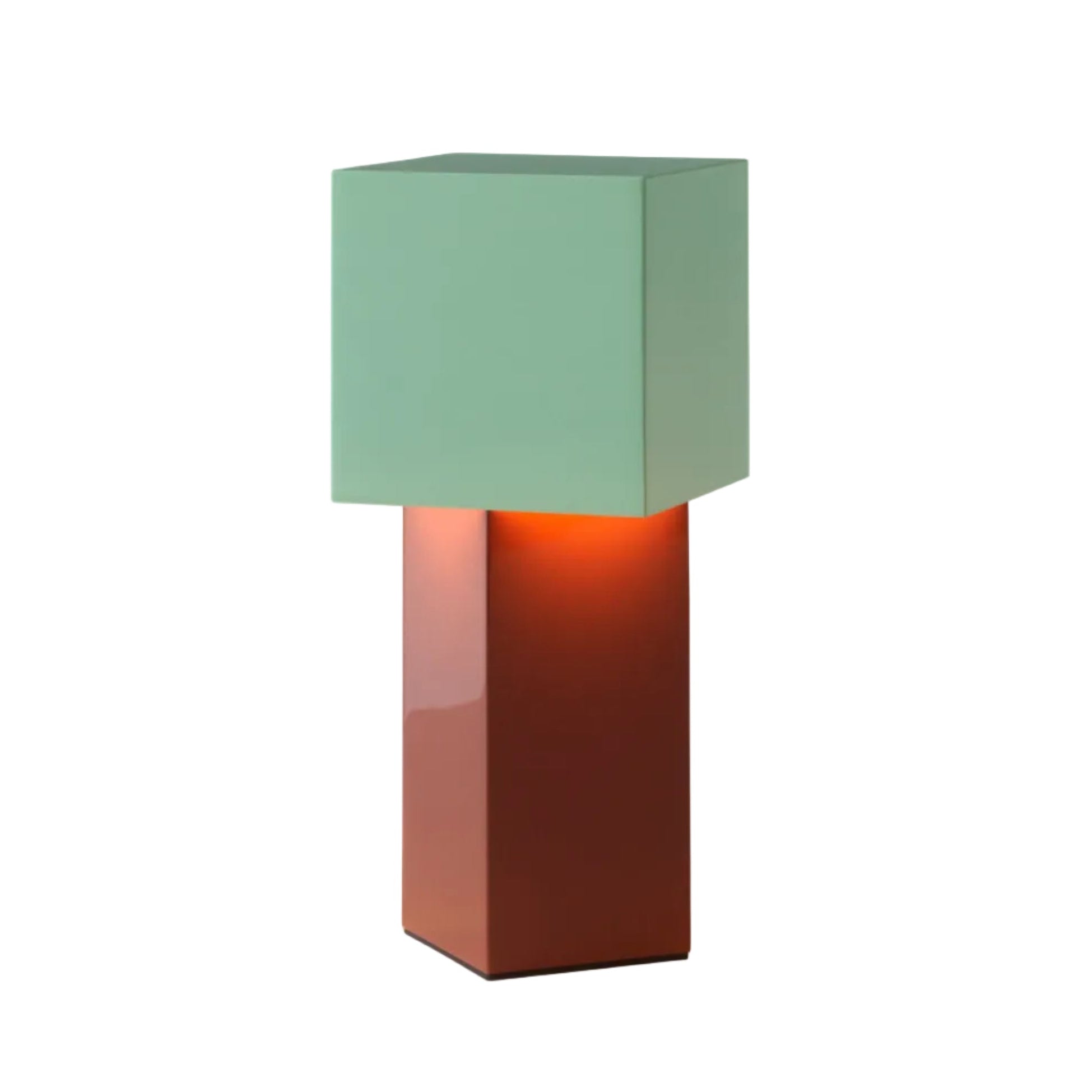 Draagbare lamp PIVOT ATD7 met een mintgroene kap en een stenen voet.