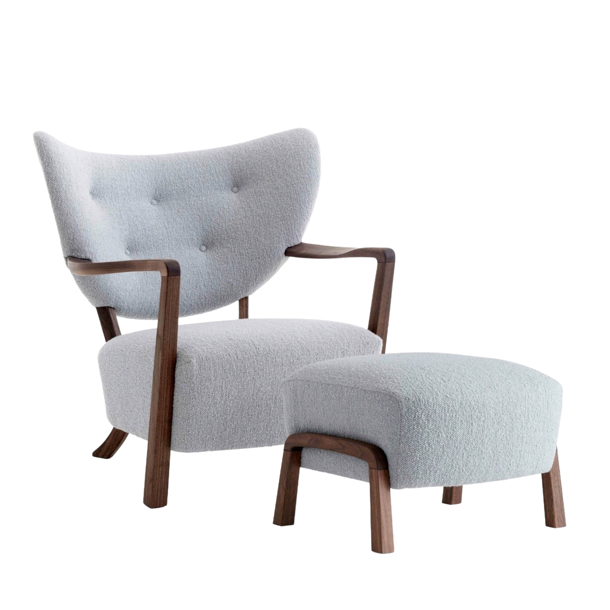 Fauteuil met voetensteun WULFF gestoffeerd met notenhouten basis