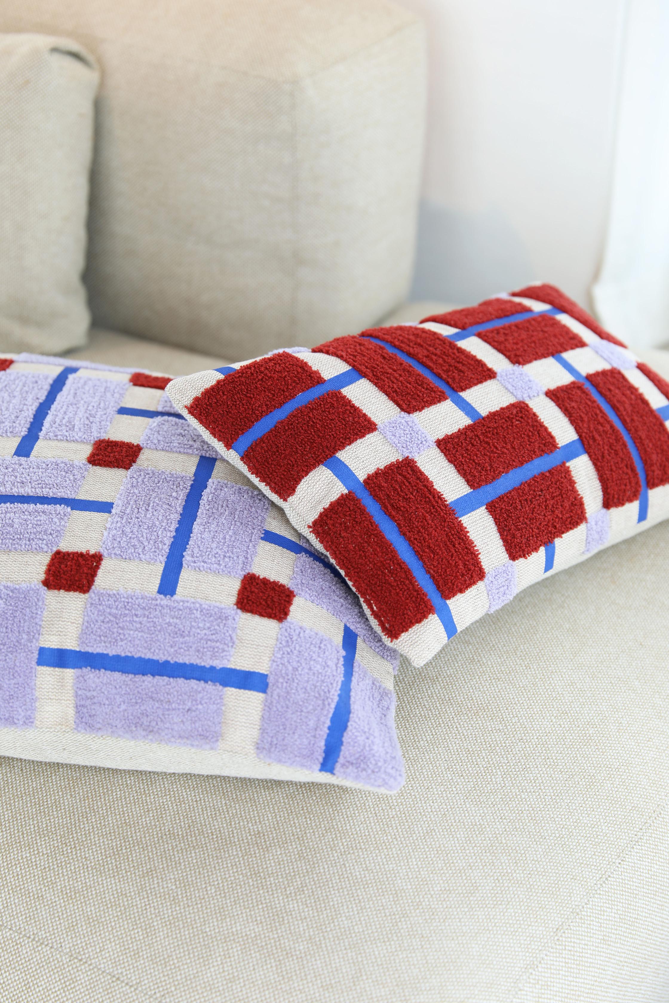 Kussenhoes PLANO bordeaux met beige en blauw