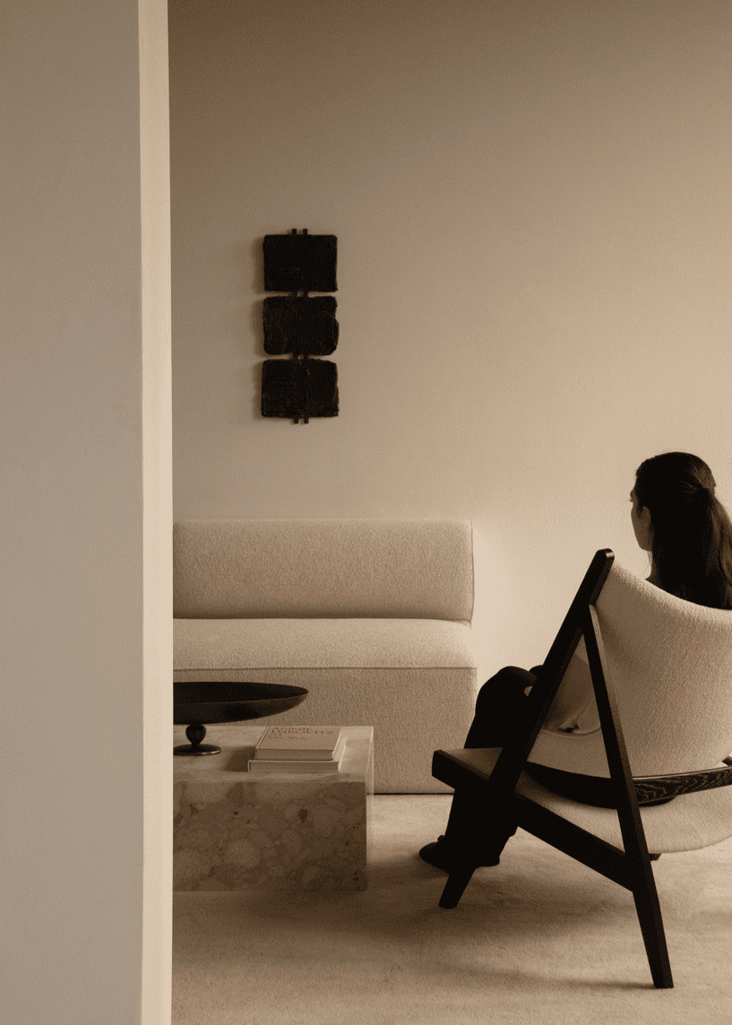 KNITTING cream boucle armchair with black oak base