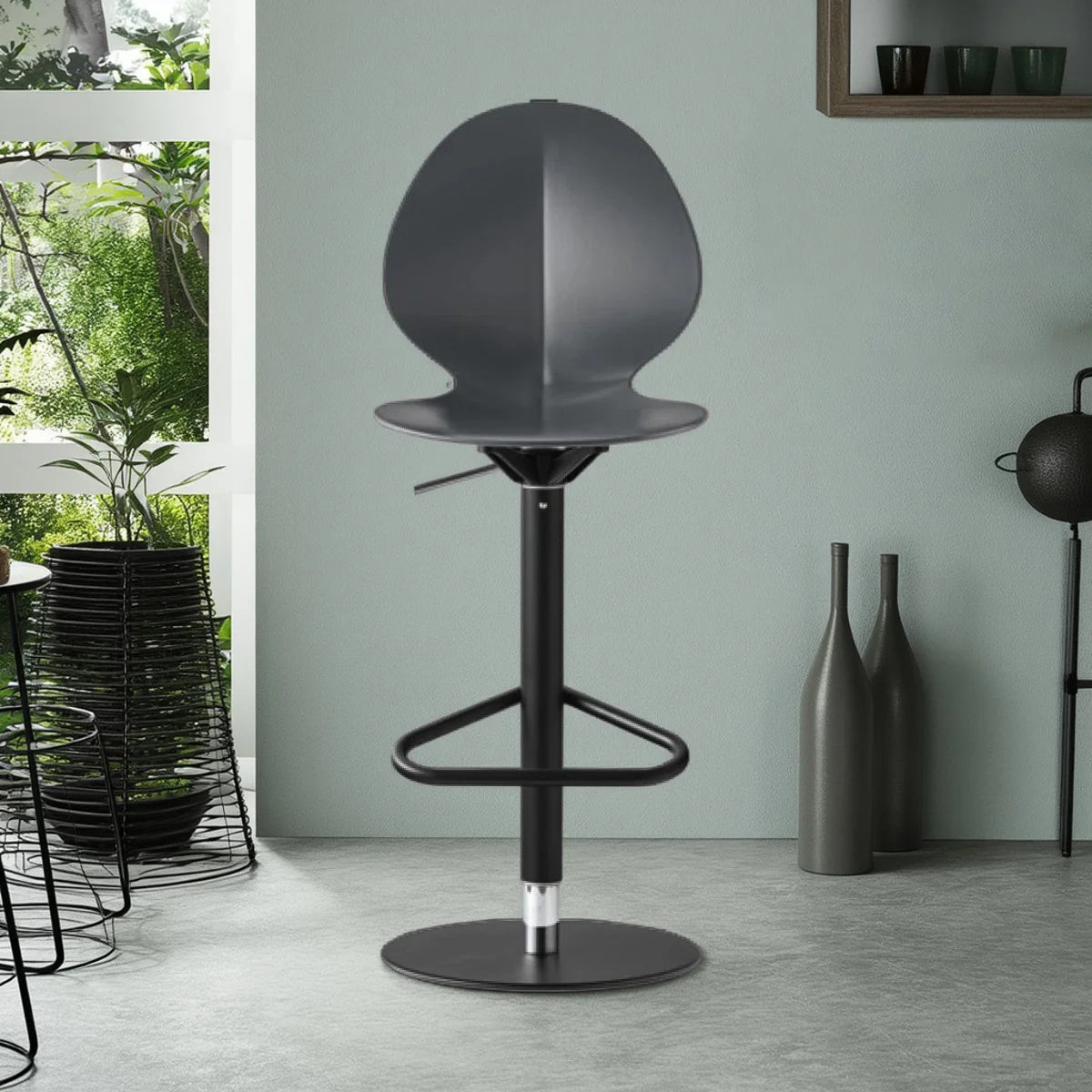 BASIL swivel bar stool with gray seat and black base