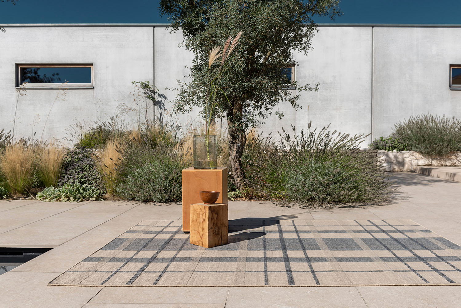 Buitenkleed ZONA BLOCK STRIPE & CHECK blauw-beige