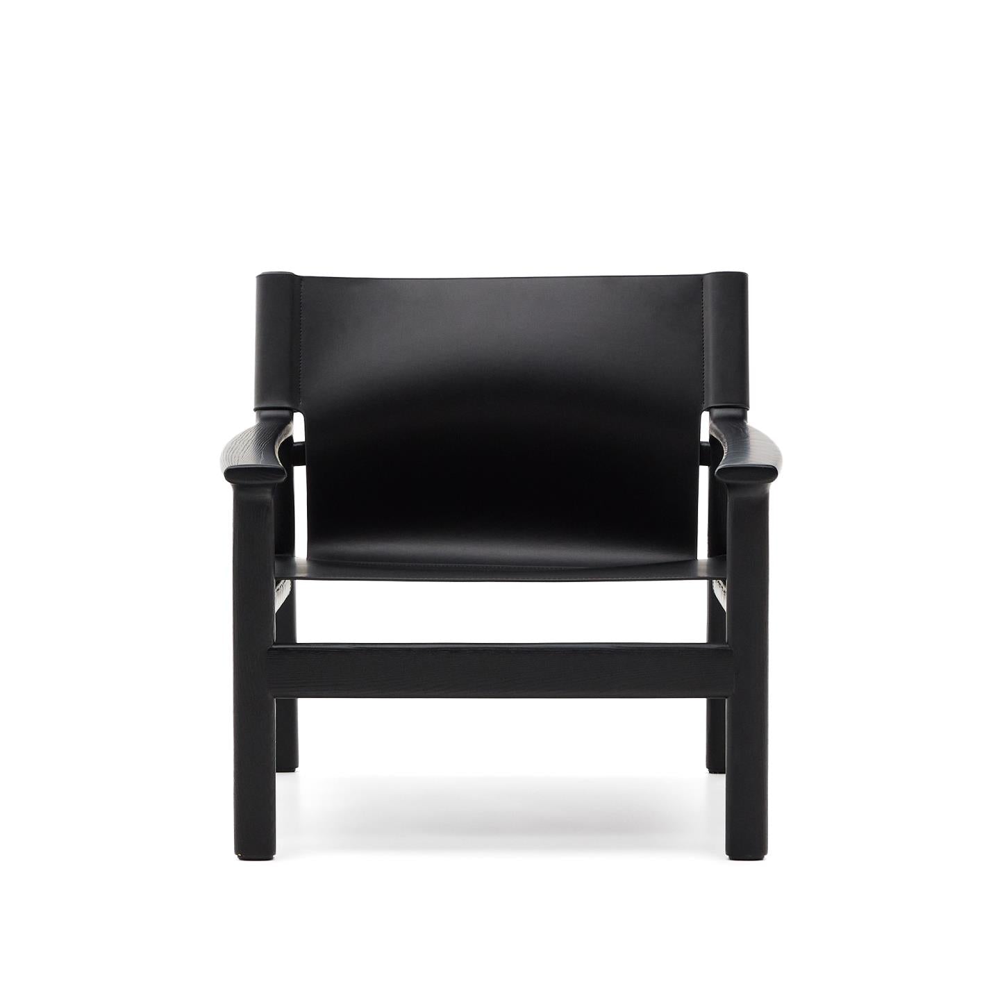 Fauteuil JAN zwart gerecycled leer met zwart essenhout