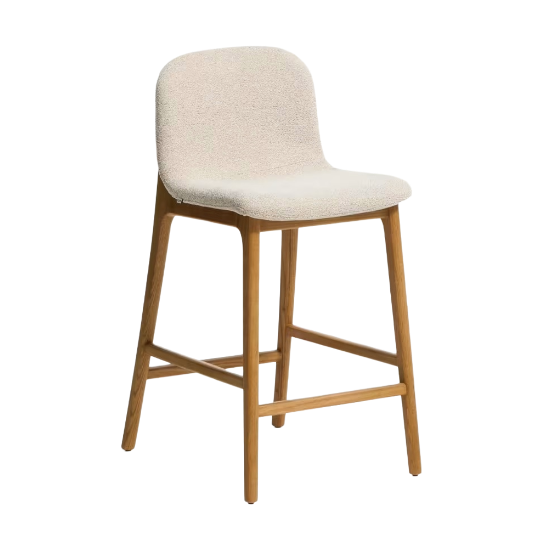 Hocker ELNOR beige chenille met een eiken basis