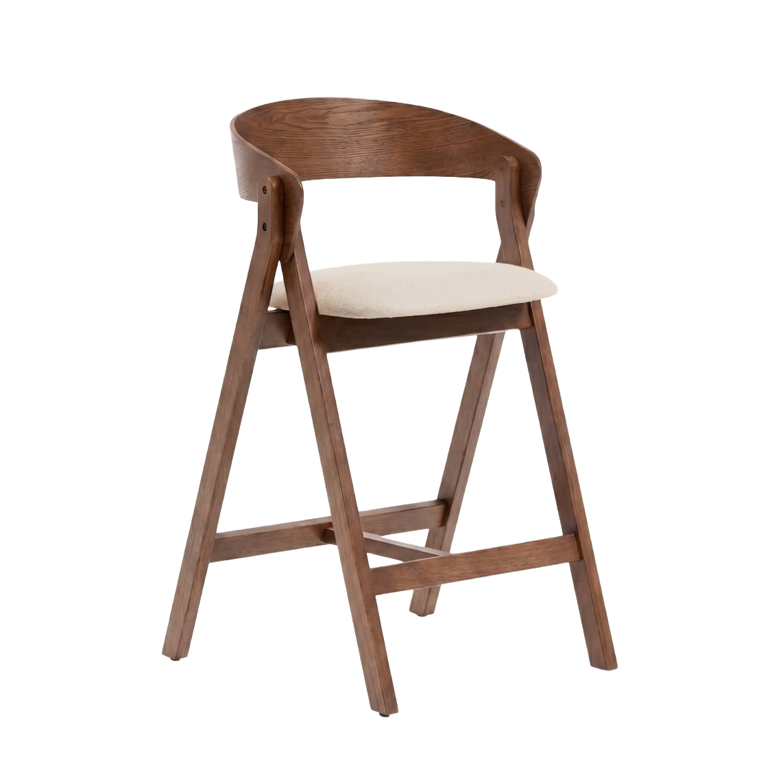 Barkruk GODIA in beige chenille met een donkere gefineerde eiken basis