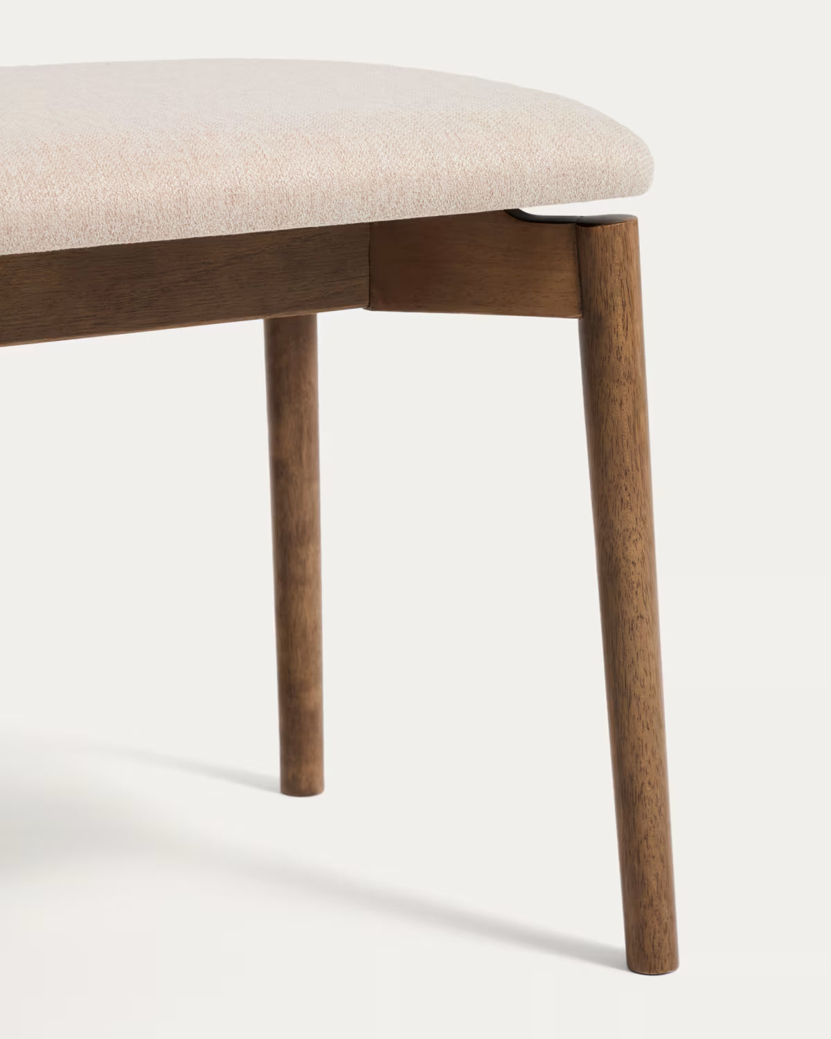 EVERA bank in beige chenille with a dark veneered oak base