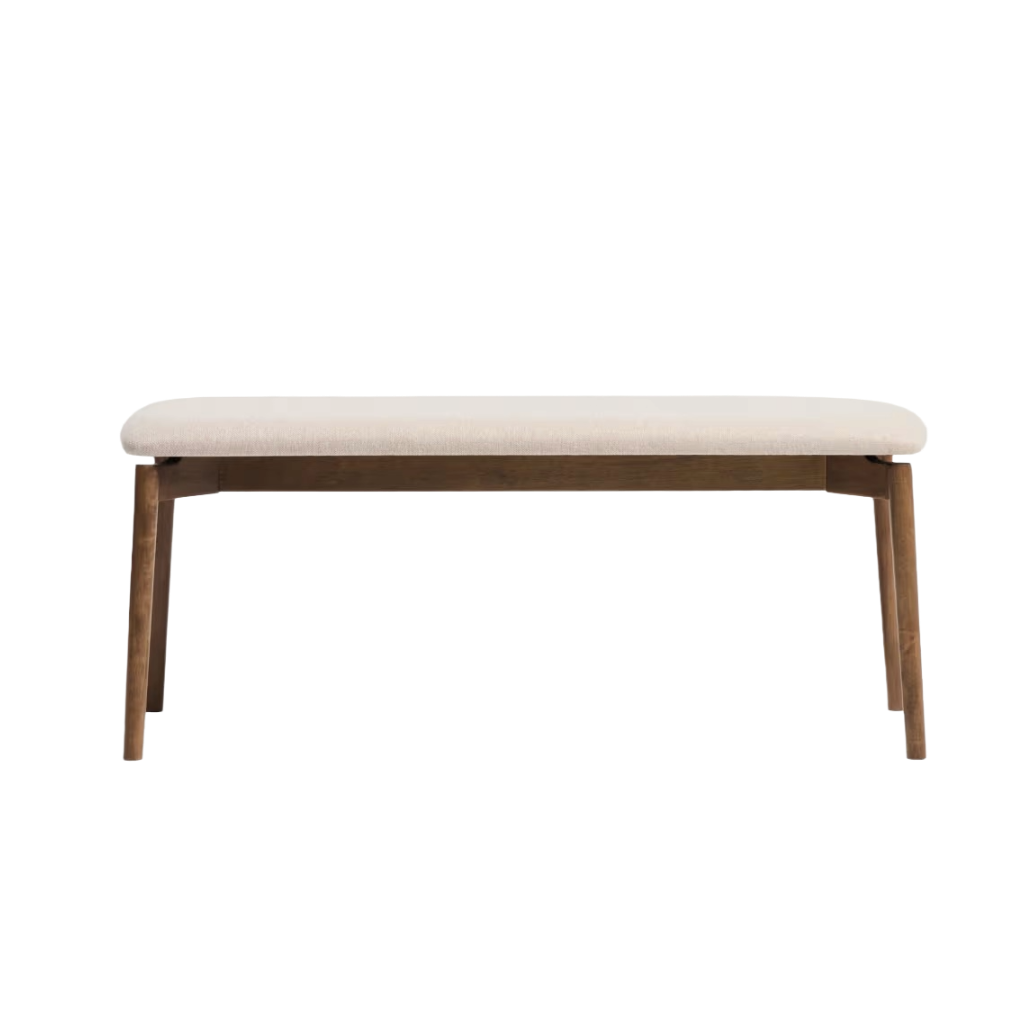 EVERA bank in beige chenille with a dark veneered oak base