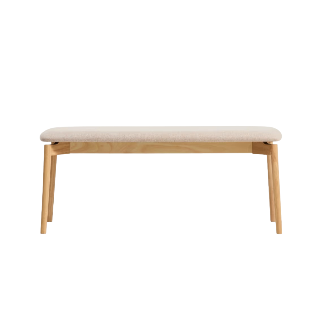 EVERA bank in beige chenille with a veneered oak base