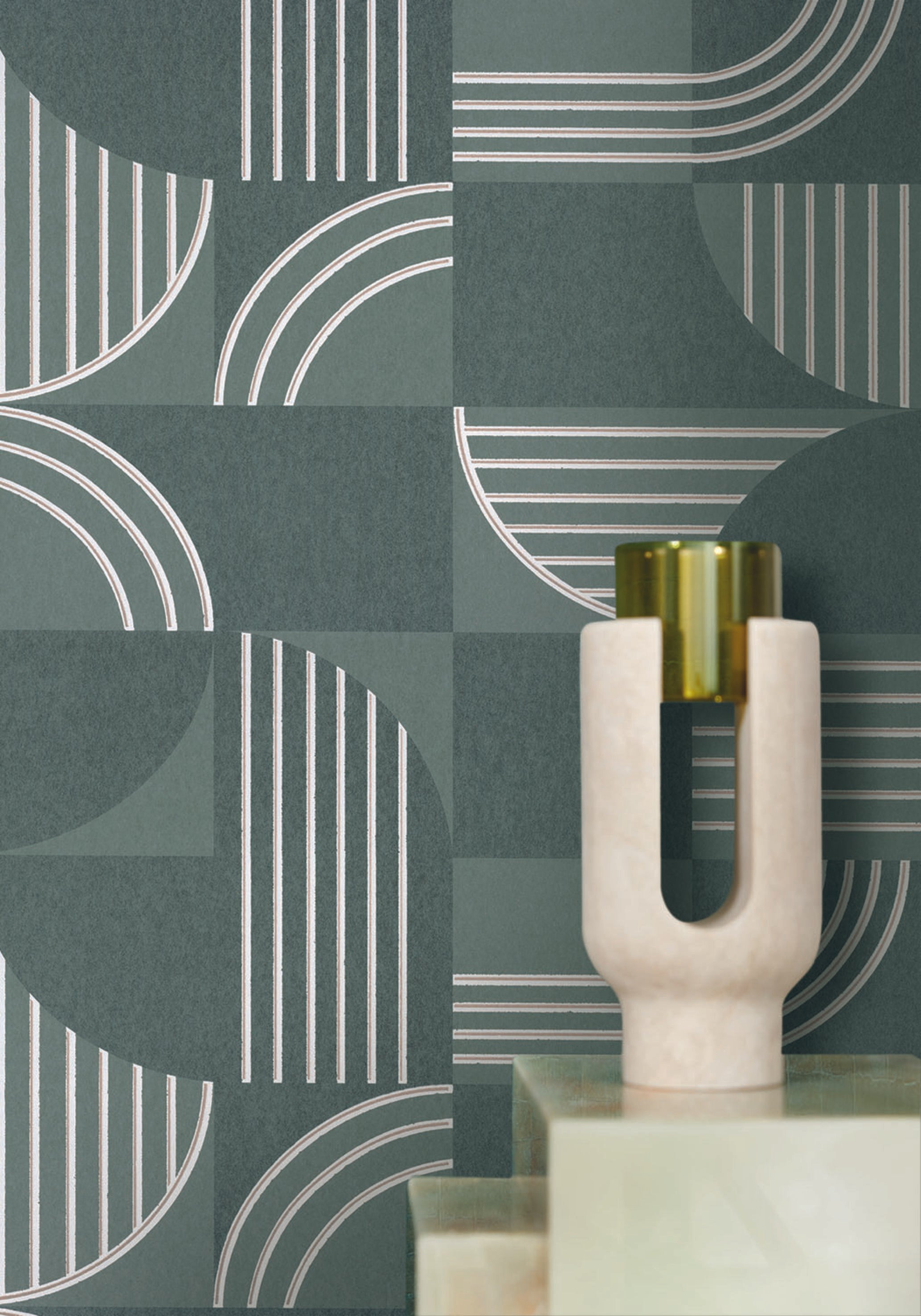 Non-woven wallpaper with a geometric pattern ANNÉES 30 - SEA GREEN gris vert