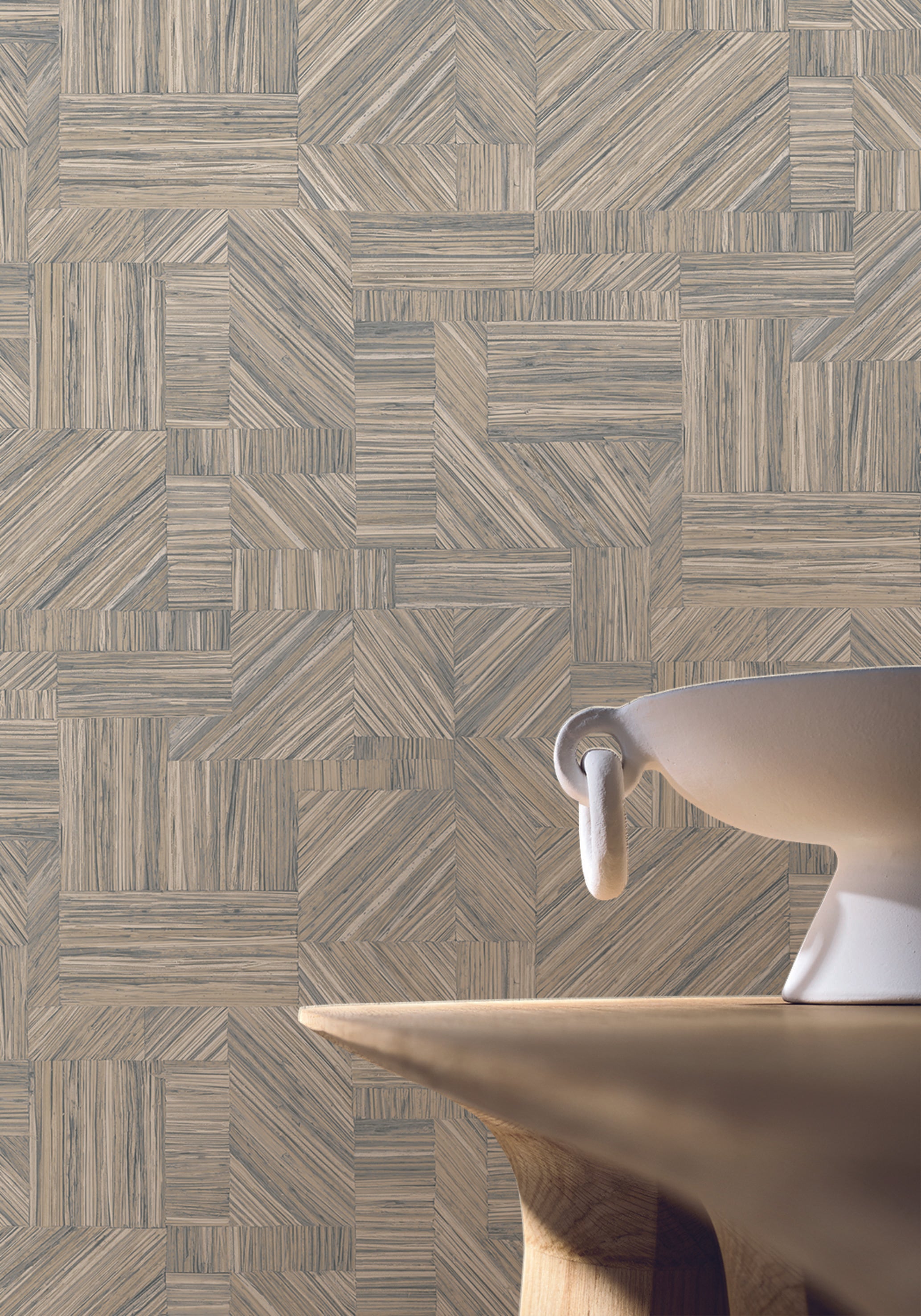 Geometric Structural Wallpaper Imitating Straw Patchwork IMBRICATION - GIVRE Ice Blue