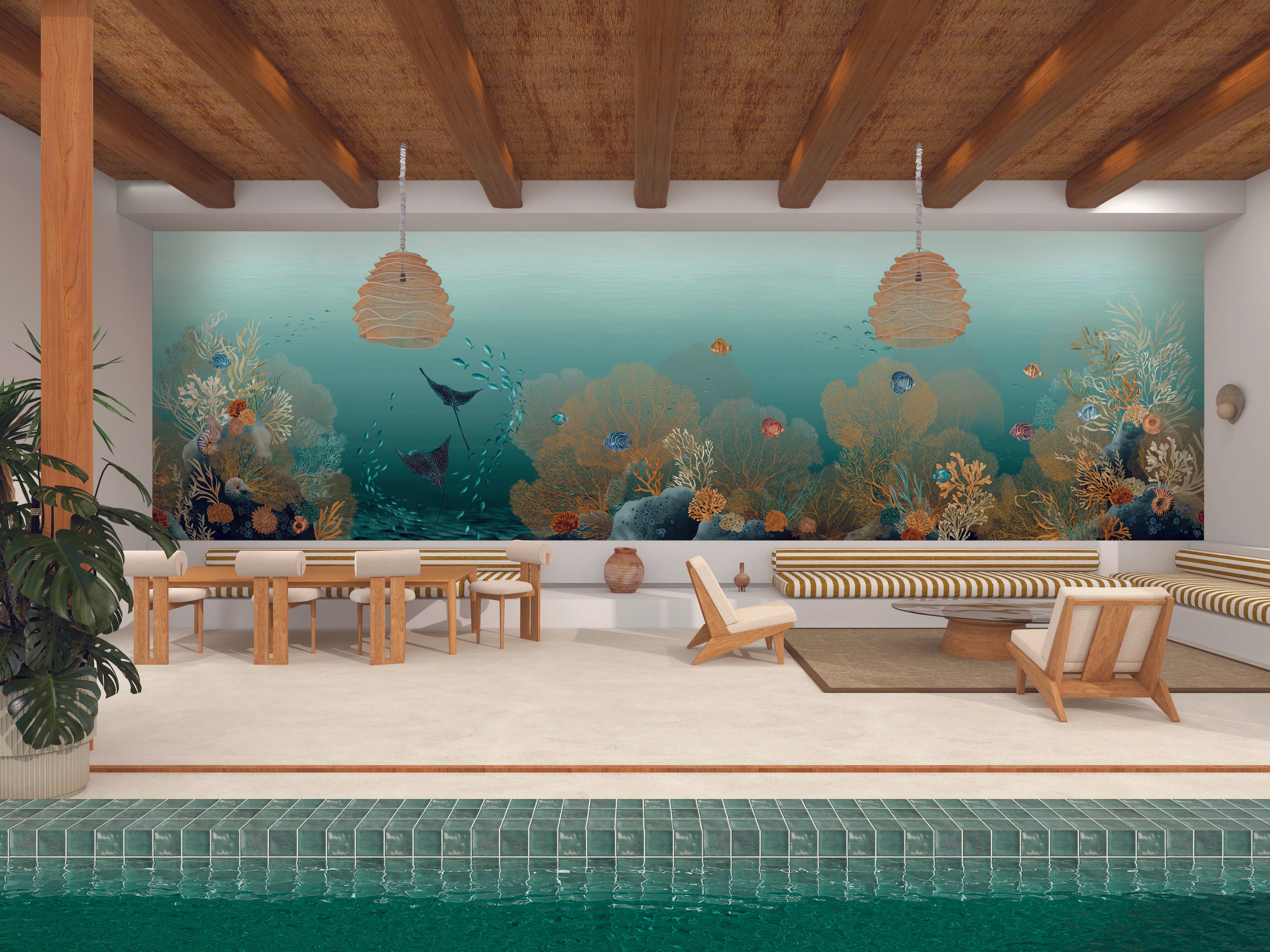 Mural z morskim motywem POLYNESIE - CARAÏBE/MULTICO zielono-niebieski