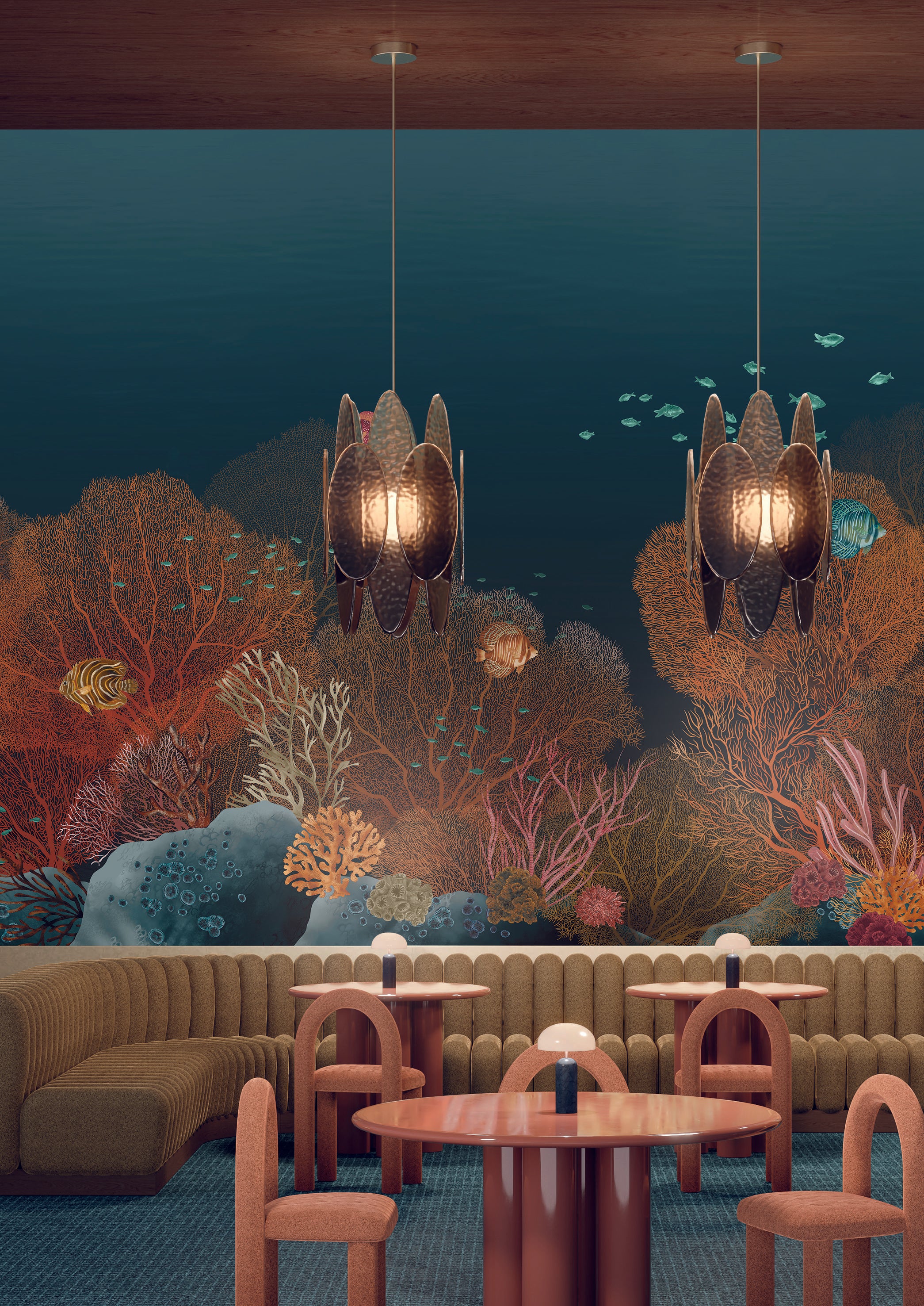 Mural z morskim motywem POLYNESIE - MARINE/MULTICO granatowy z brązowym