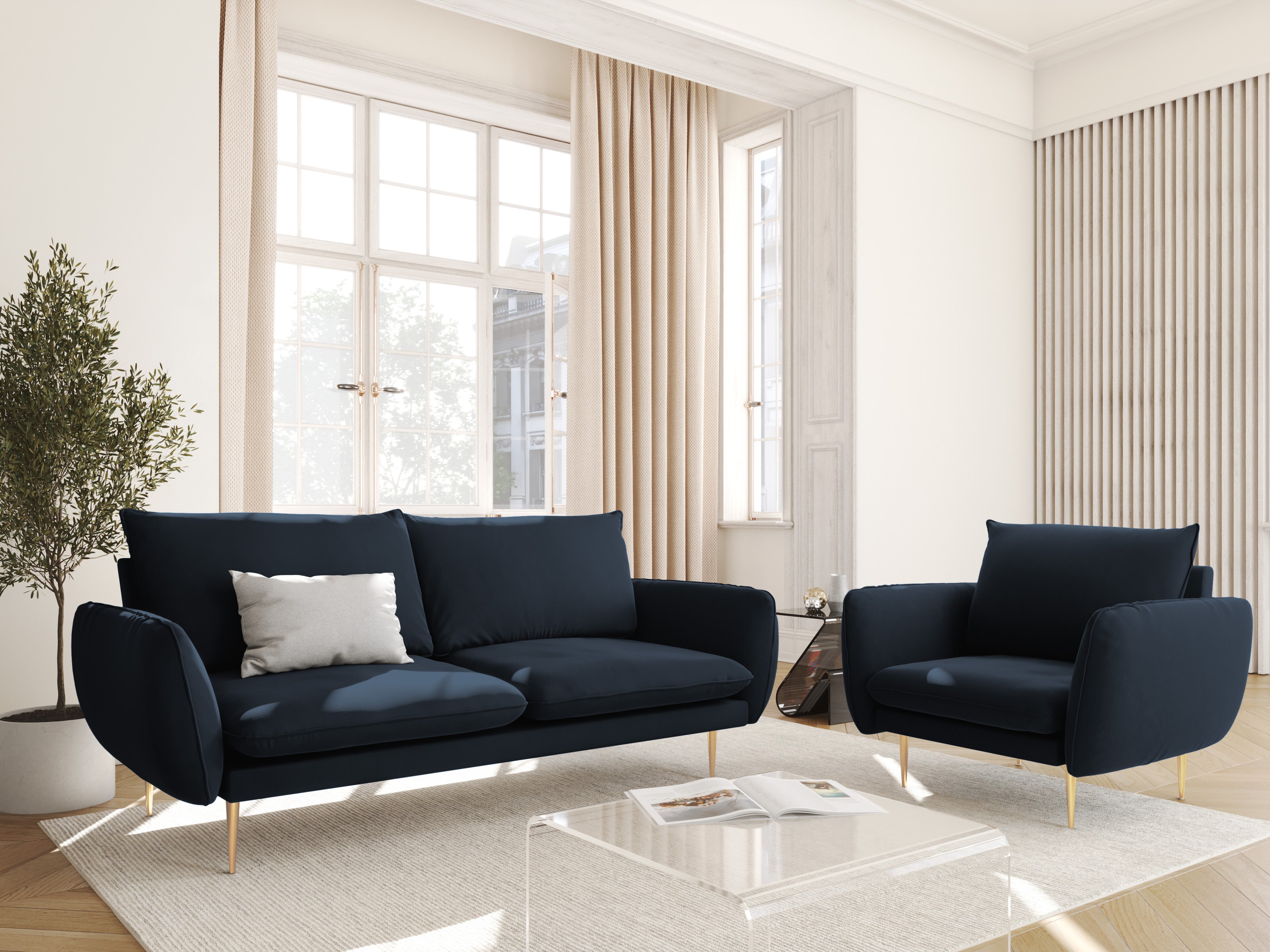 Sofa van fluweel voor 2 personen VIENNA donkerblauw met gouden basis