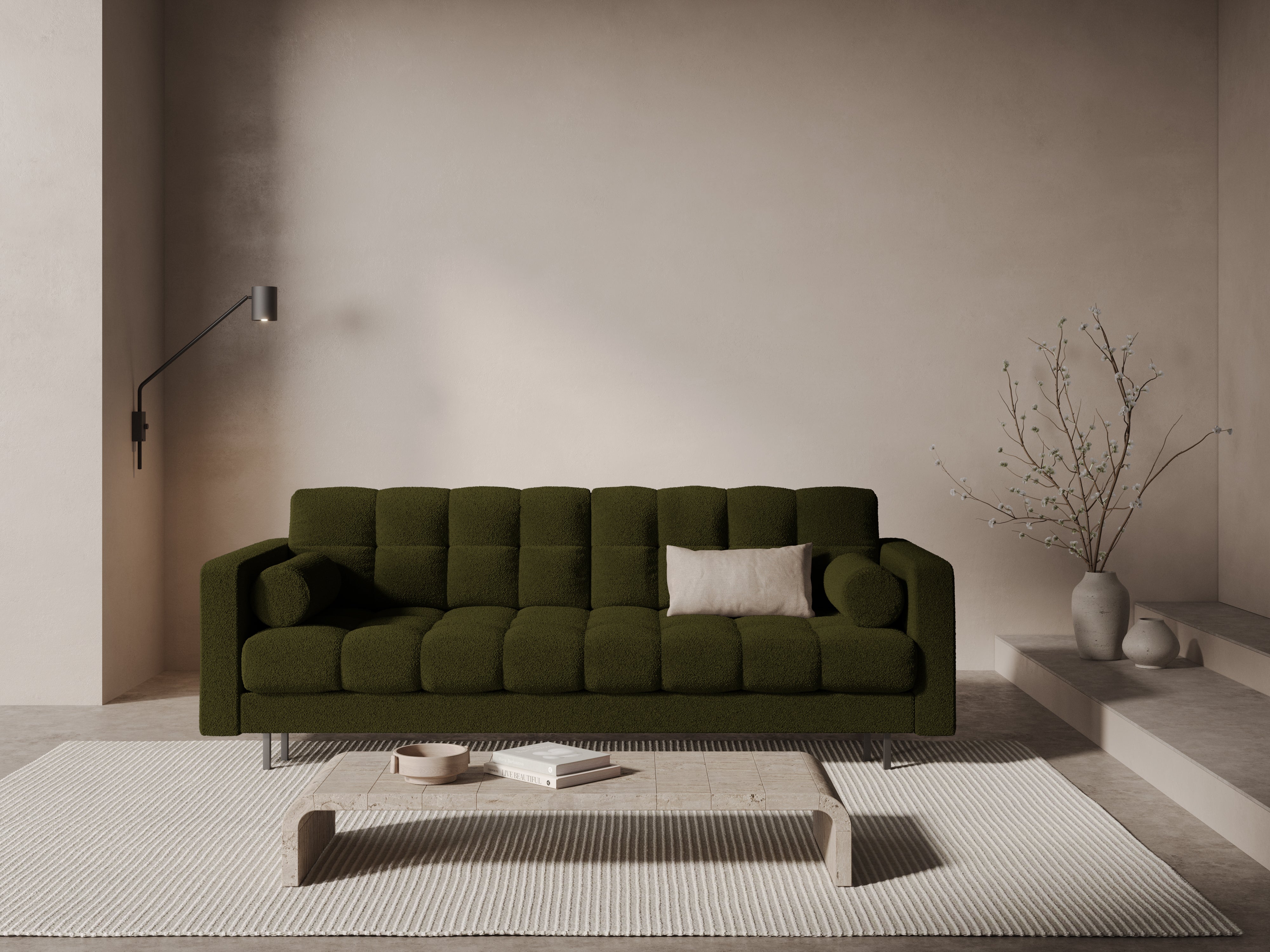 3-Sitzer Sofa mit Schlaffunktion BALI oliv Bouclé mit schwarzem Untergestell