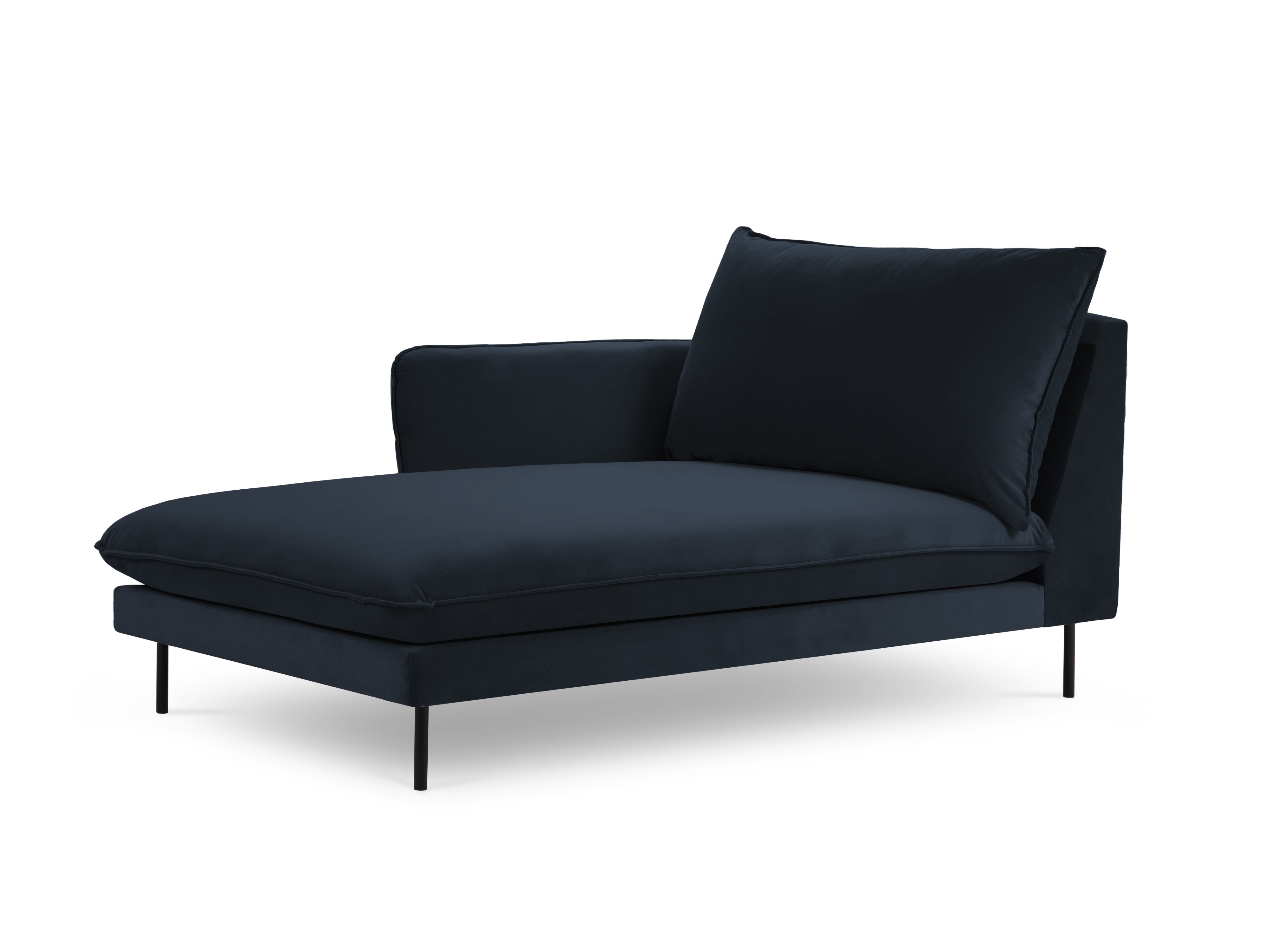 Left-facing velvet chaise longue VIENNA in dark blue with a black base