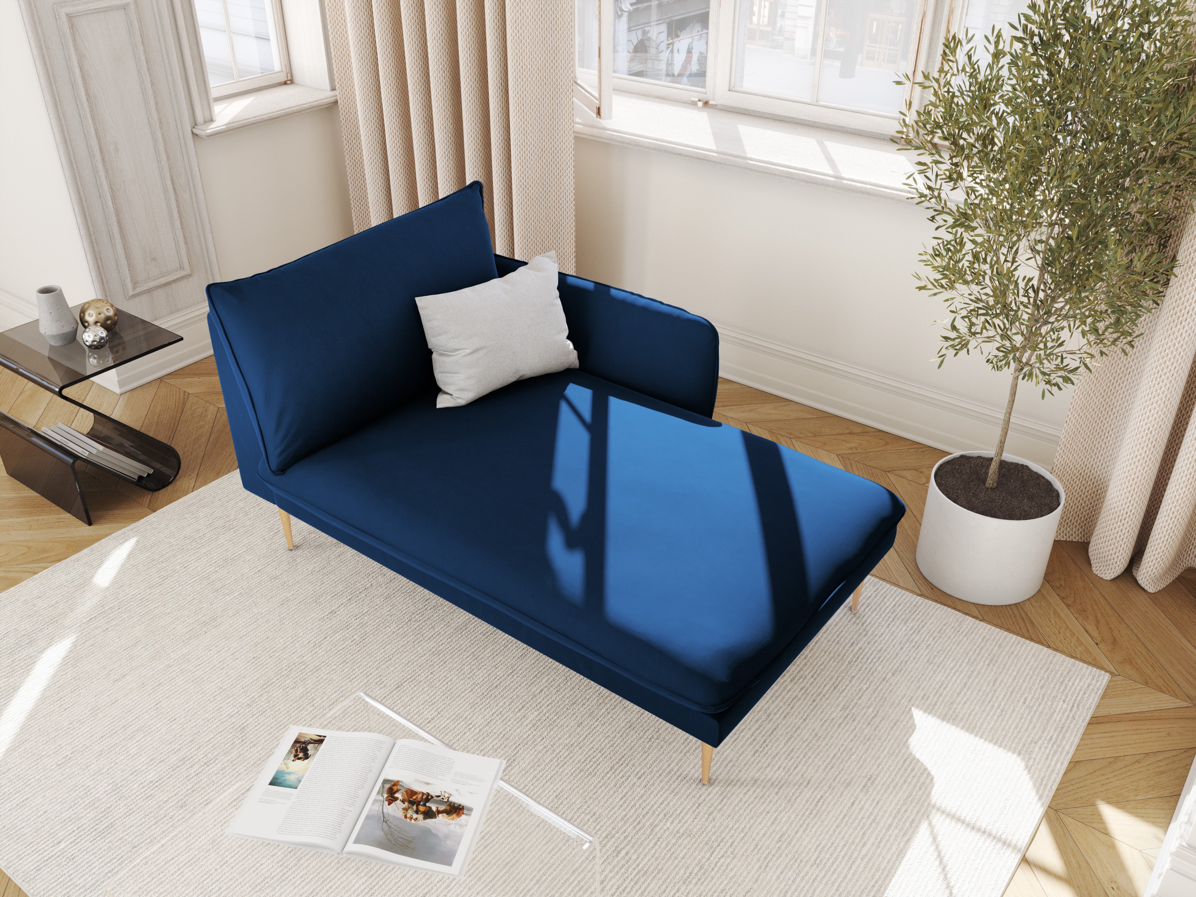 Szezlong aksamitny prawostronny VIENNA granat królewski ze złotą podstawą