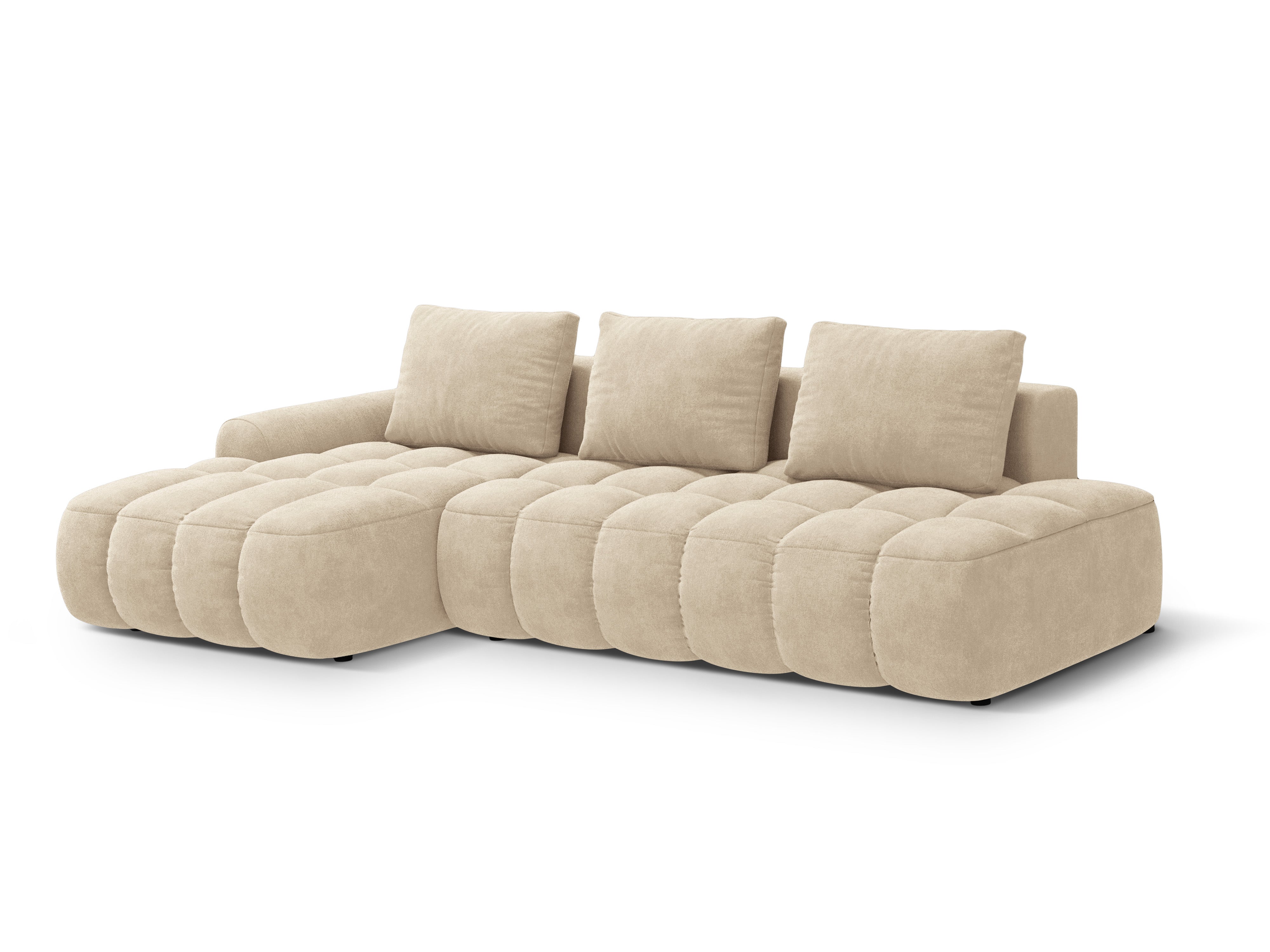 Velours hoekbank links met slaapfunctie voor 3 personen LINZ lichtbeige