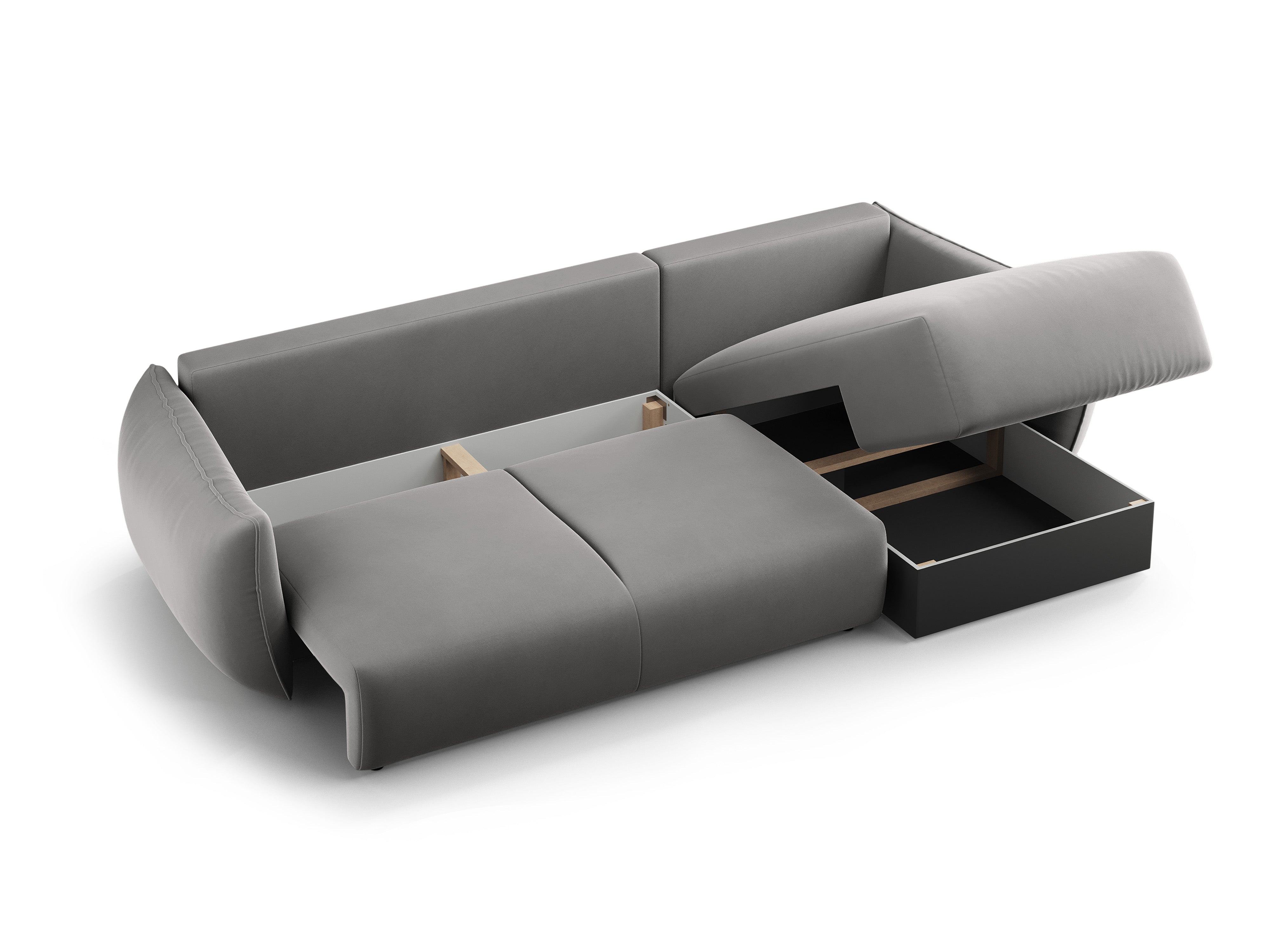 Grijze linkszijdige fluwelen hoekbank met slaapfunctie MATERA