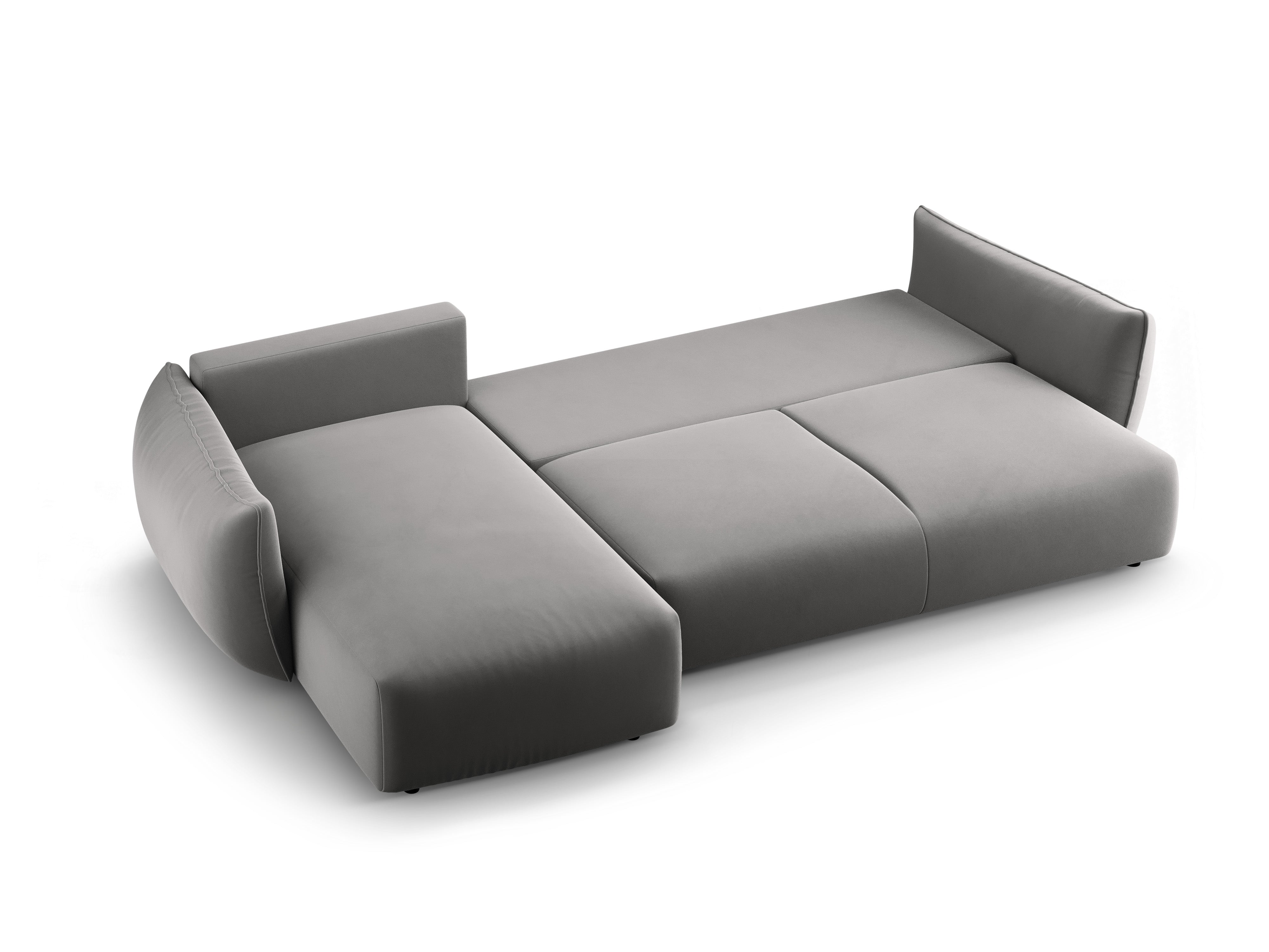 Grijze linkszijdige fluwelen hoekbank met slaapfunctie MATERA