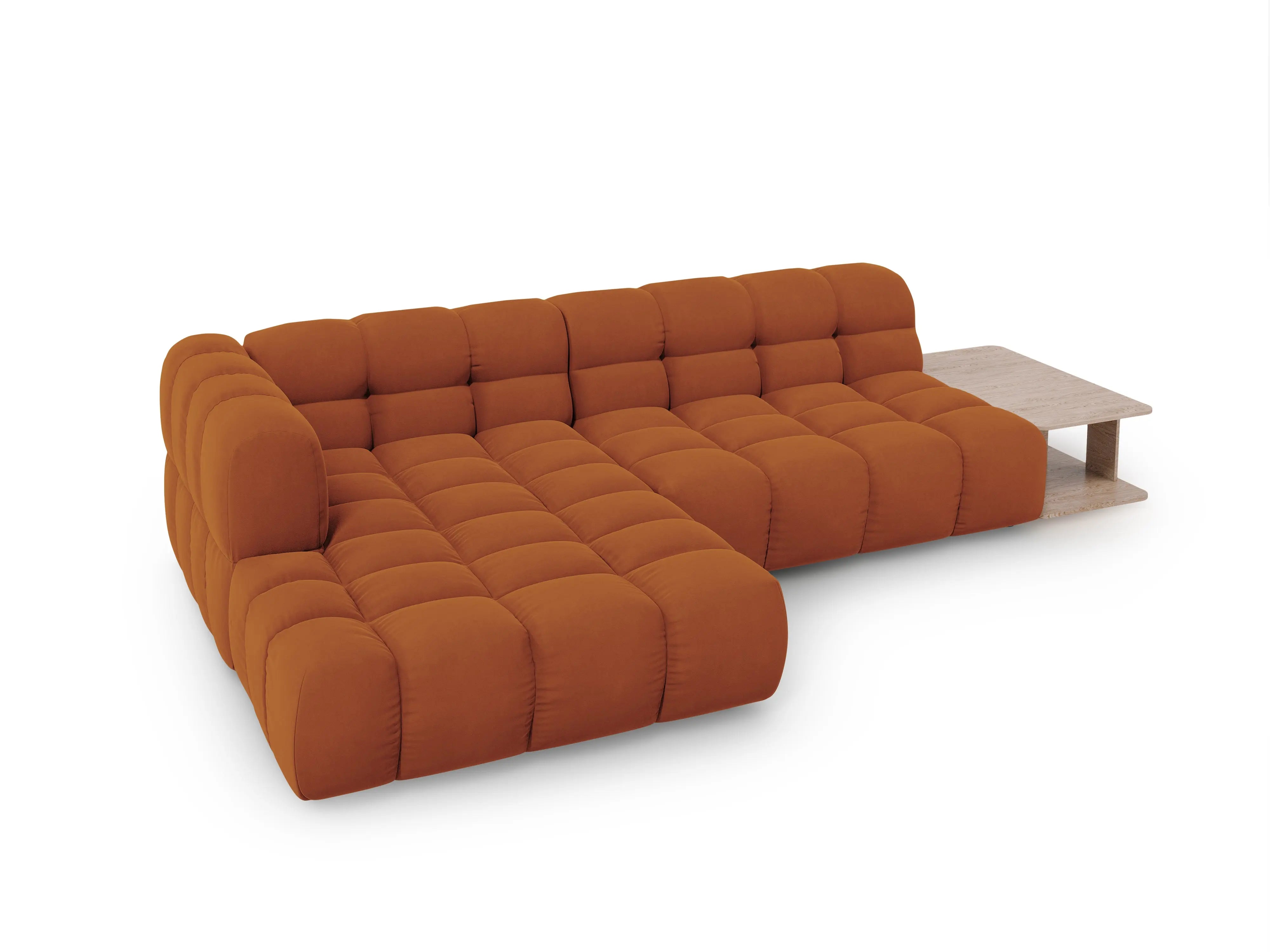 Narożnik aksamitny lewostronny 4-osobowy otwarty ze stolikiem SKY terracotta – sofa narożna