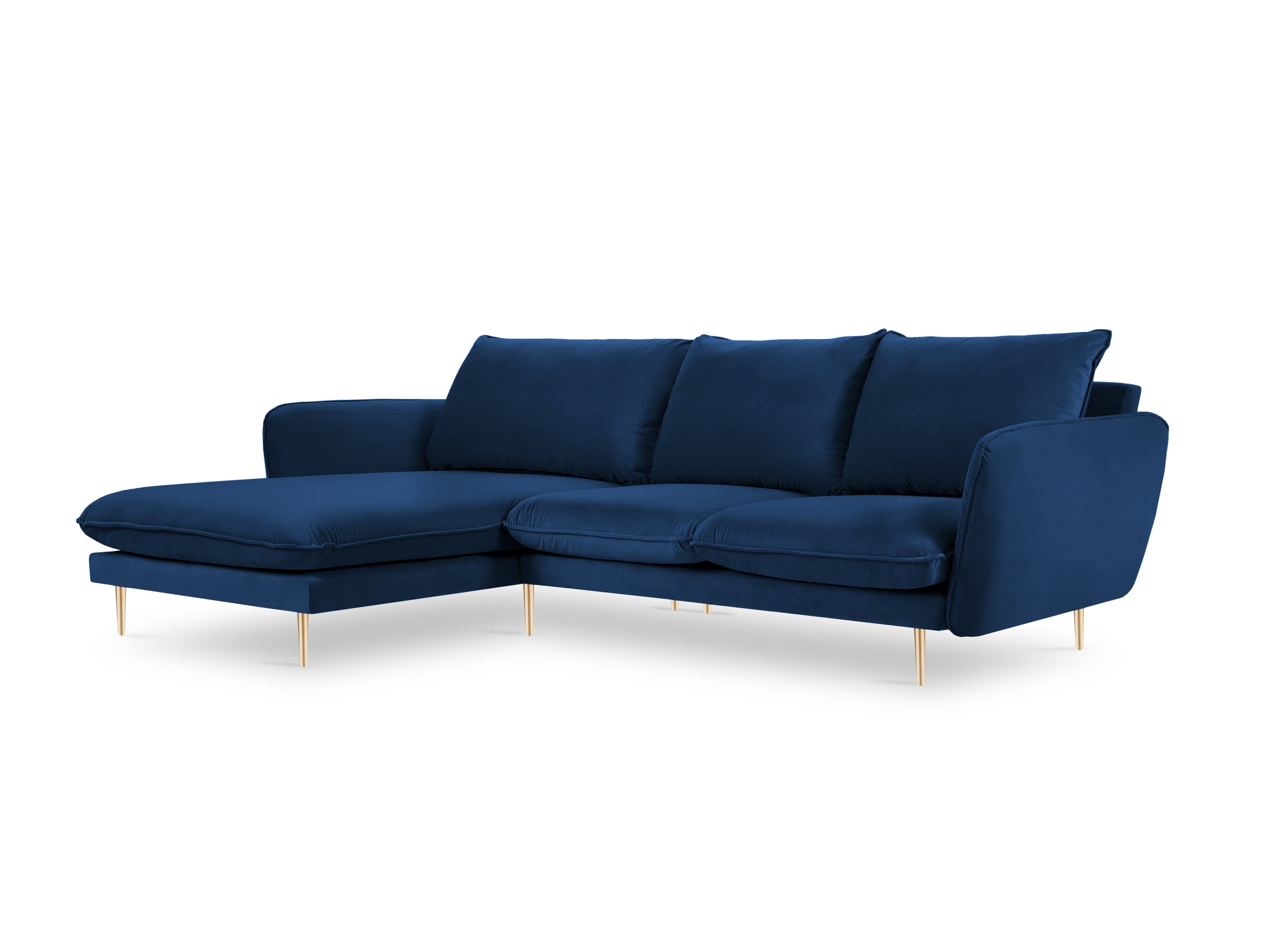 Left-facing velvet corner sofa for 5 people VIENNA in royal blue with a gold base