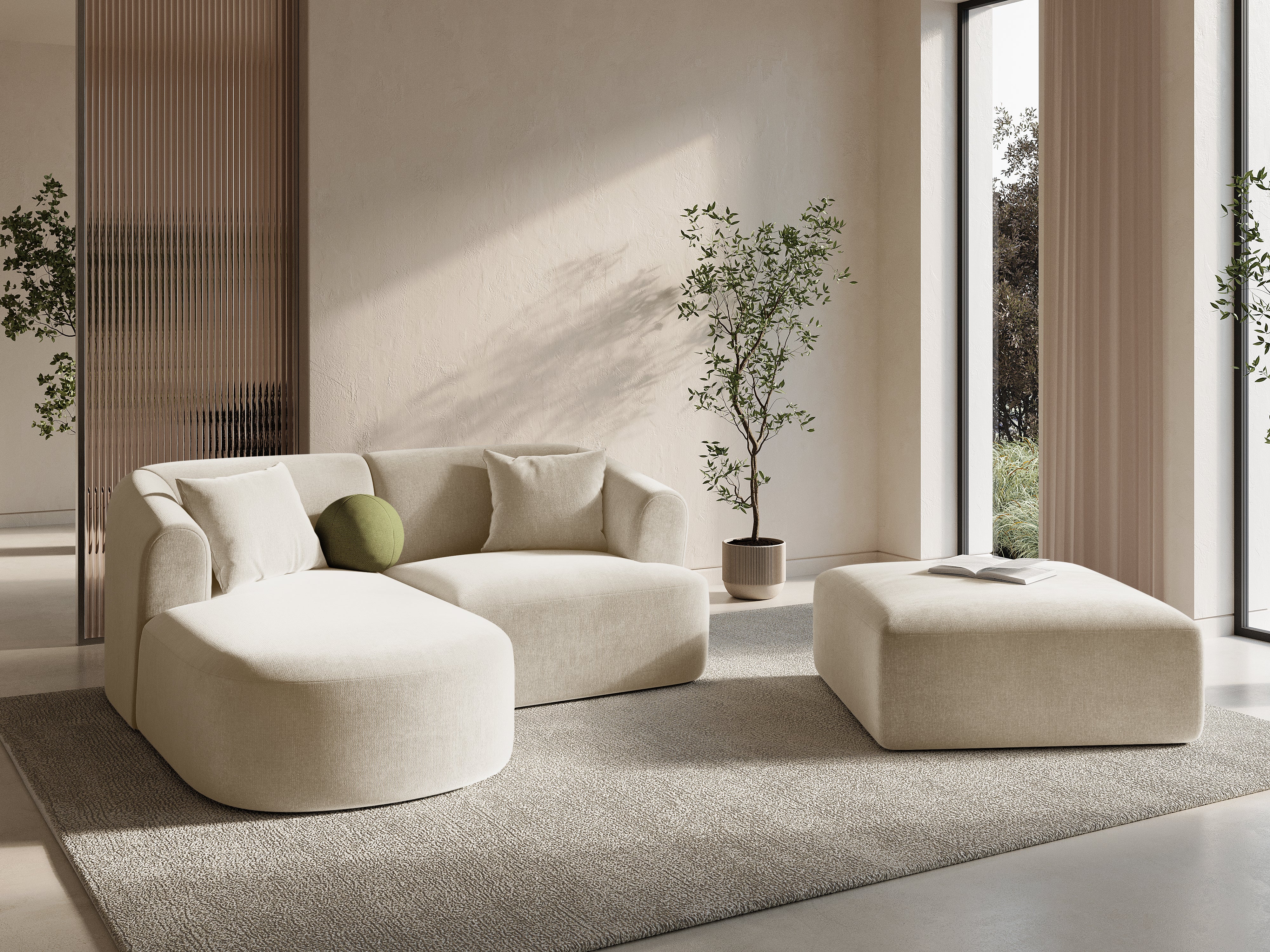 Velours hoekbank links 3-zits CAMPI lichtbeige