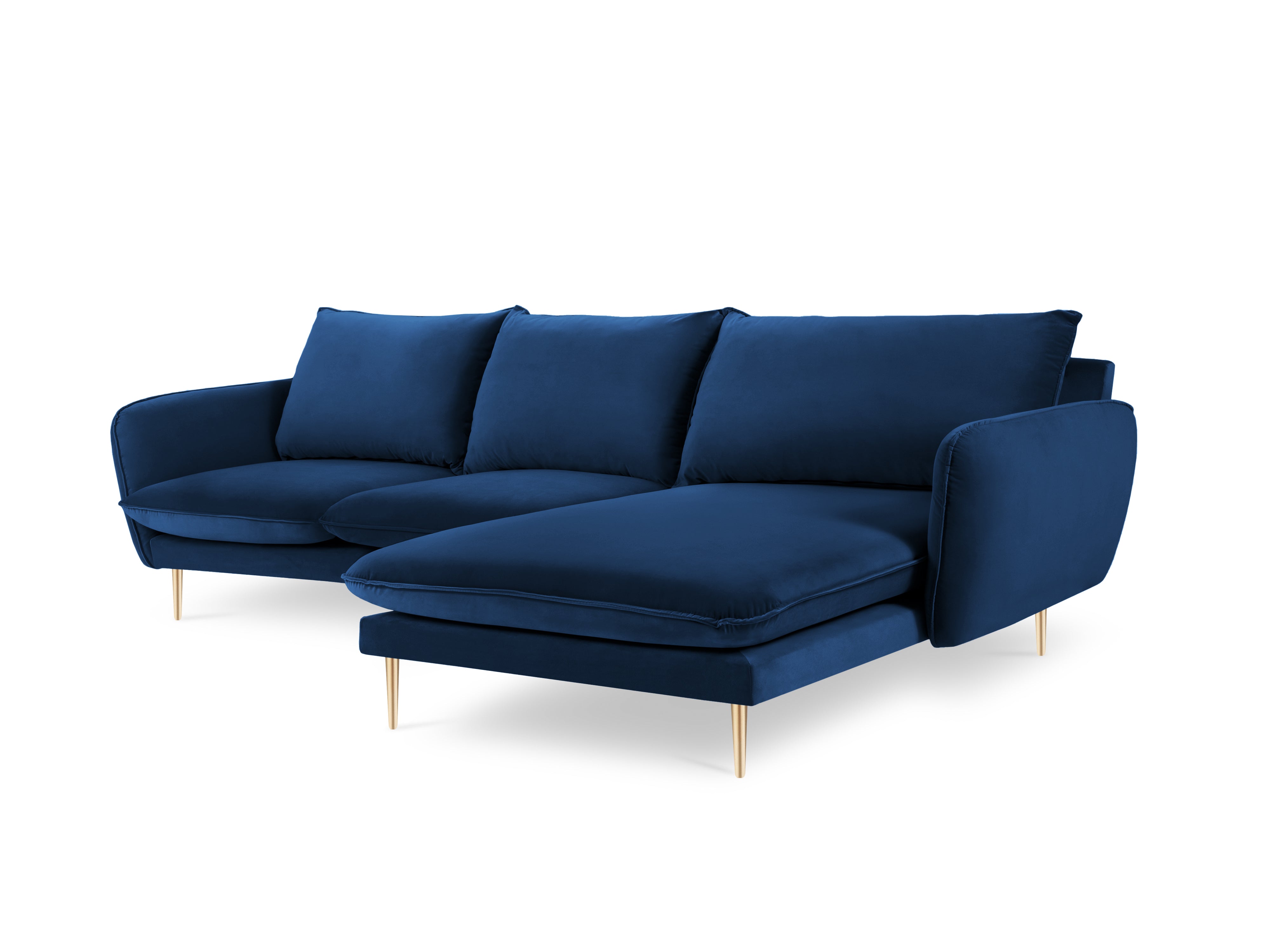 Right-facing velvet corner sofa for 5 people VIENNA in royal blue with a gold base
